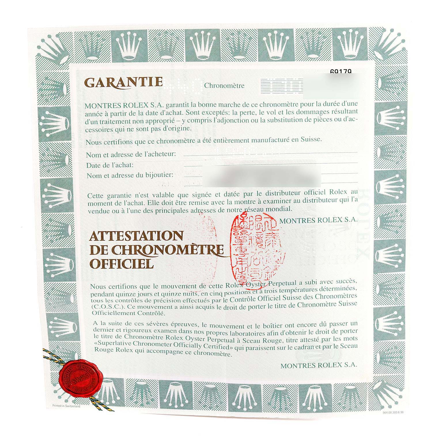 This is a guarantee document for the Rolex President 69179 Women's White Gold Silver Dial 69179 Women's White Gold Silver Dial model, detailing the chronometer certification and warranty information.