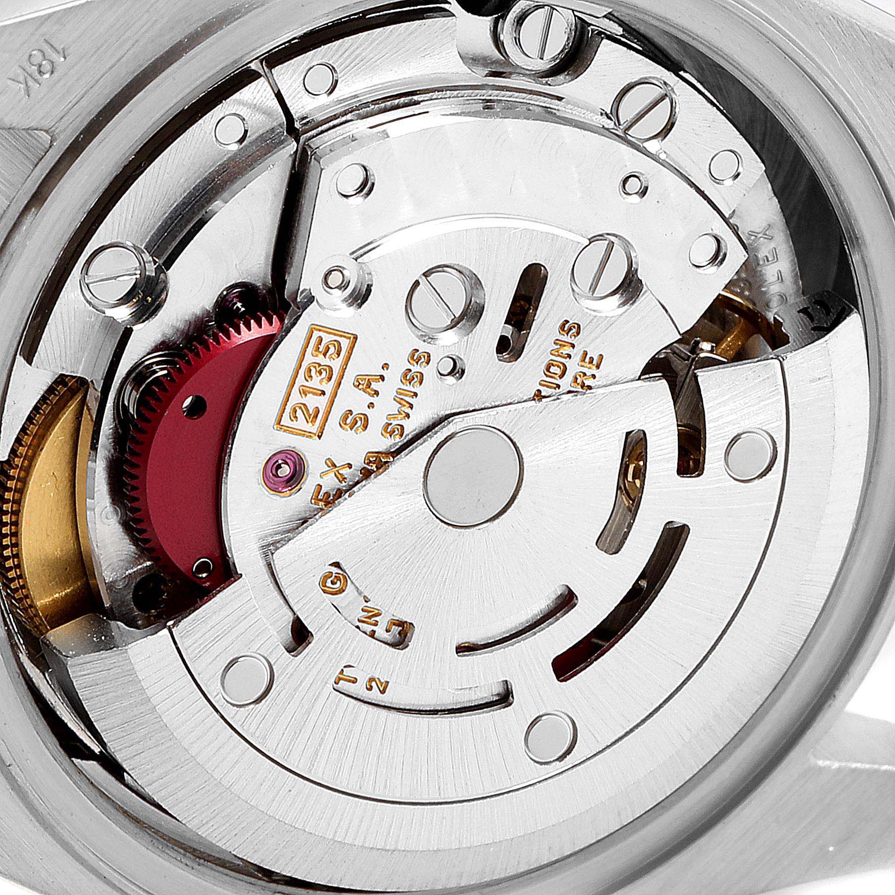 This close-up shows the intricate internal movement components of the Rolex President 69179 Women's White Gold Silver Dial 69179 Women's White Gold Silver Dial model watch.