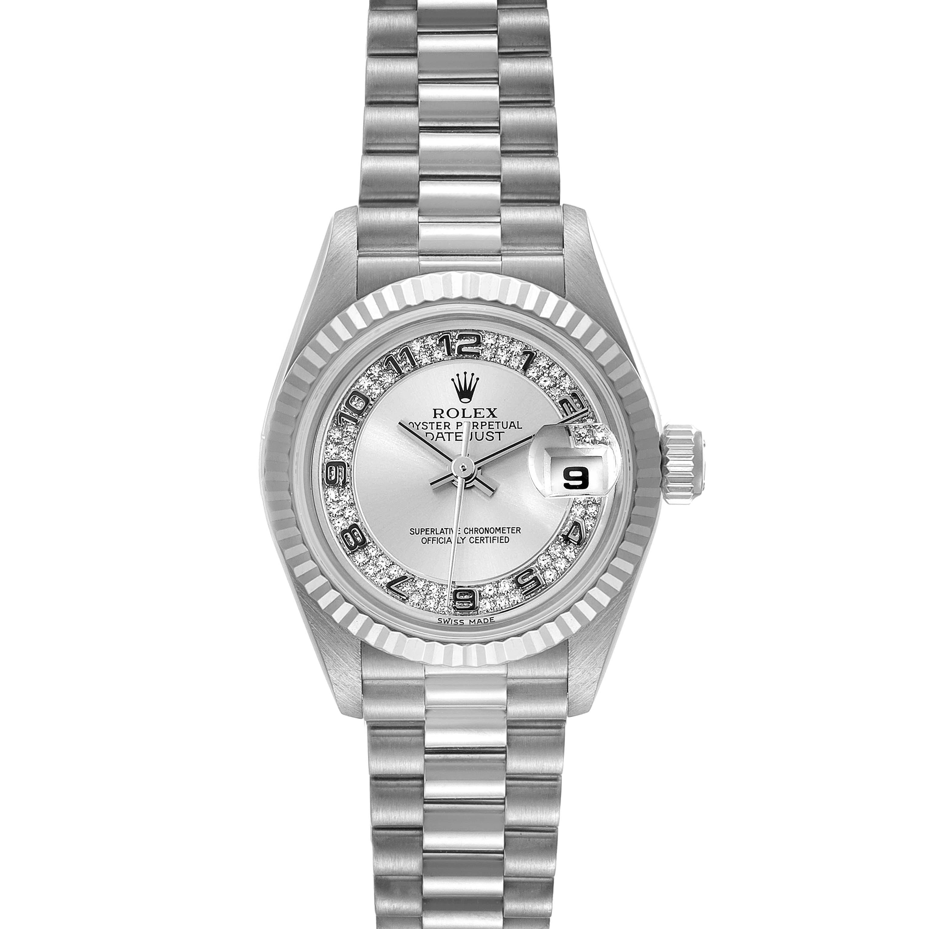The Rolex President 69179 Women's White Gold Silver Dial 69179 Women's White Gold Silver Dial model watch is shown from a straight-on angle, displaying its full face, bracelet, and bezel.