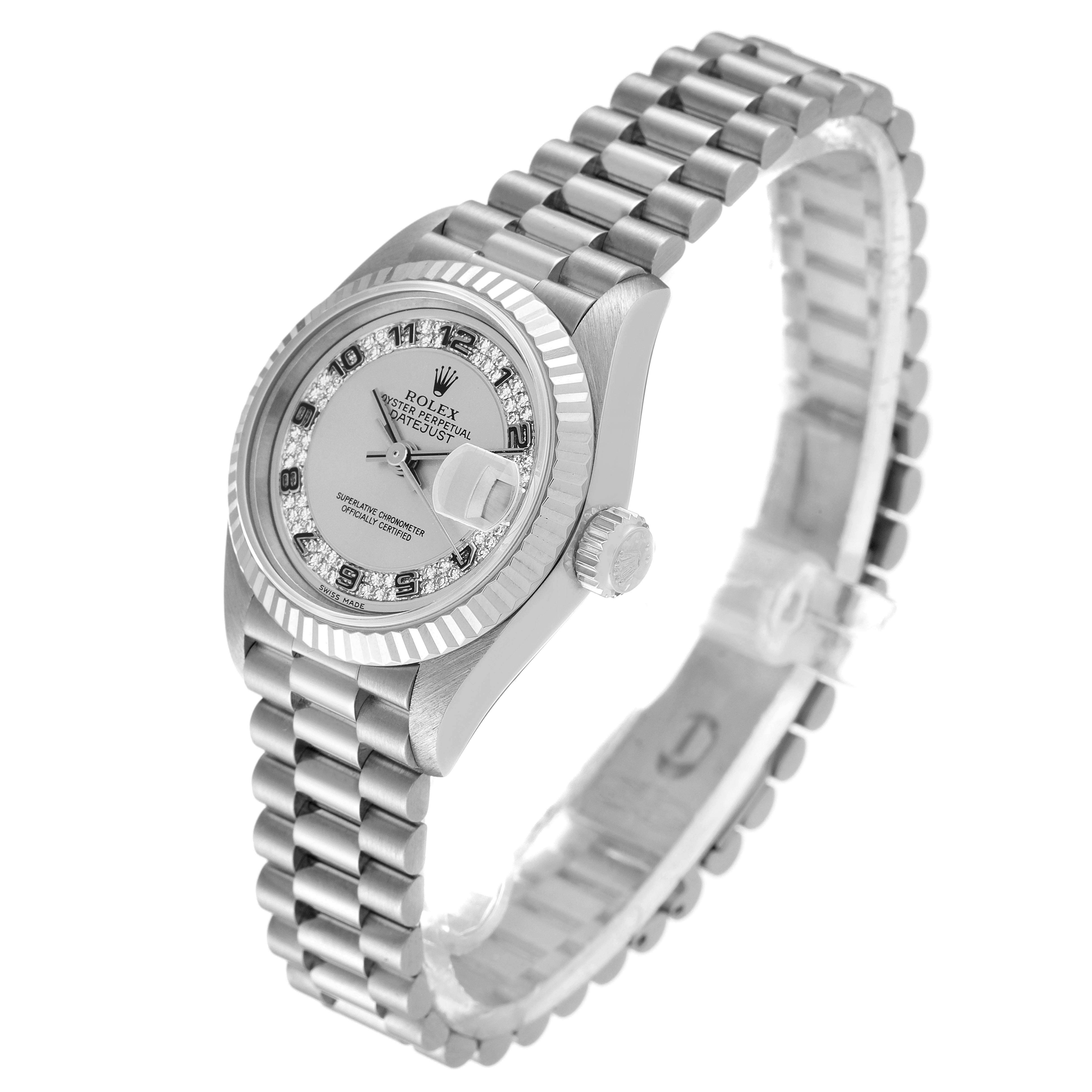 The Rolex President 69179 Women's White Gold Silver Dial 69179 Women's White Gold Silver Dial model watch is shown at a tilted angle, displaying the dial, crown, and full bracelet.