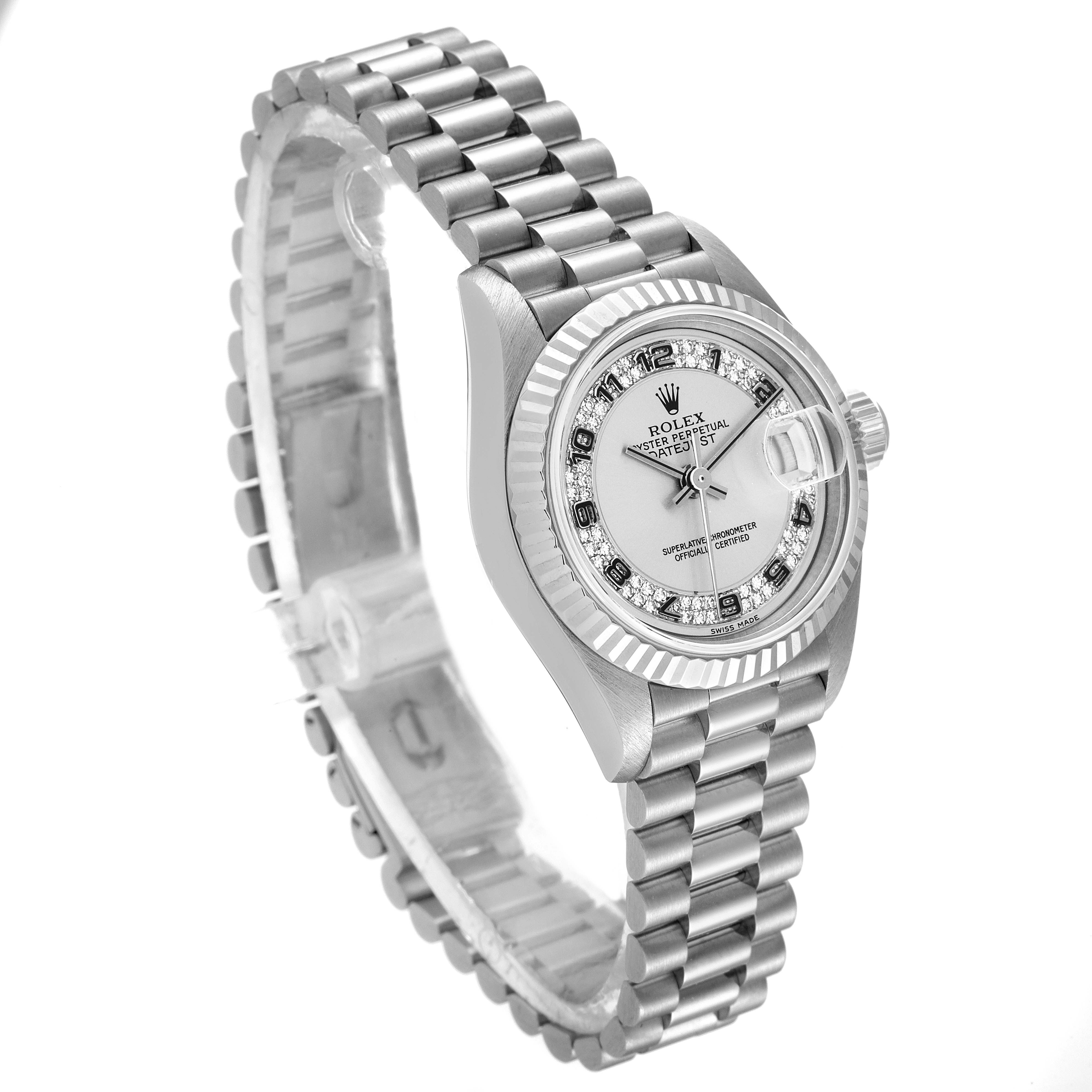 The image shows a Rolex President 69179 Women's White Gold Silver Dial 69179 Women's White Gold Silver Dial model watch at an angled view, highlighting the bracelet, bezel, and dial.