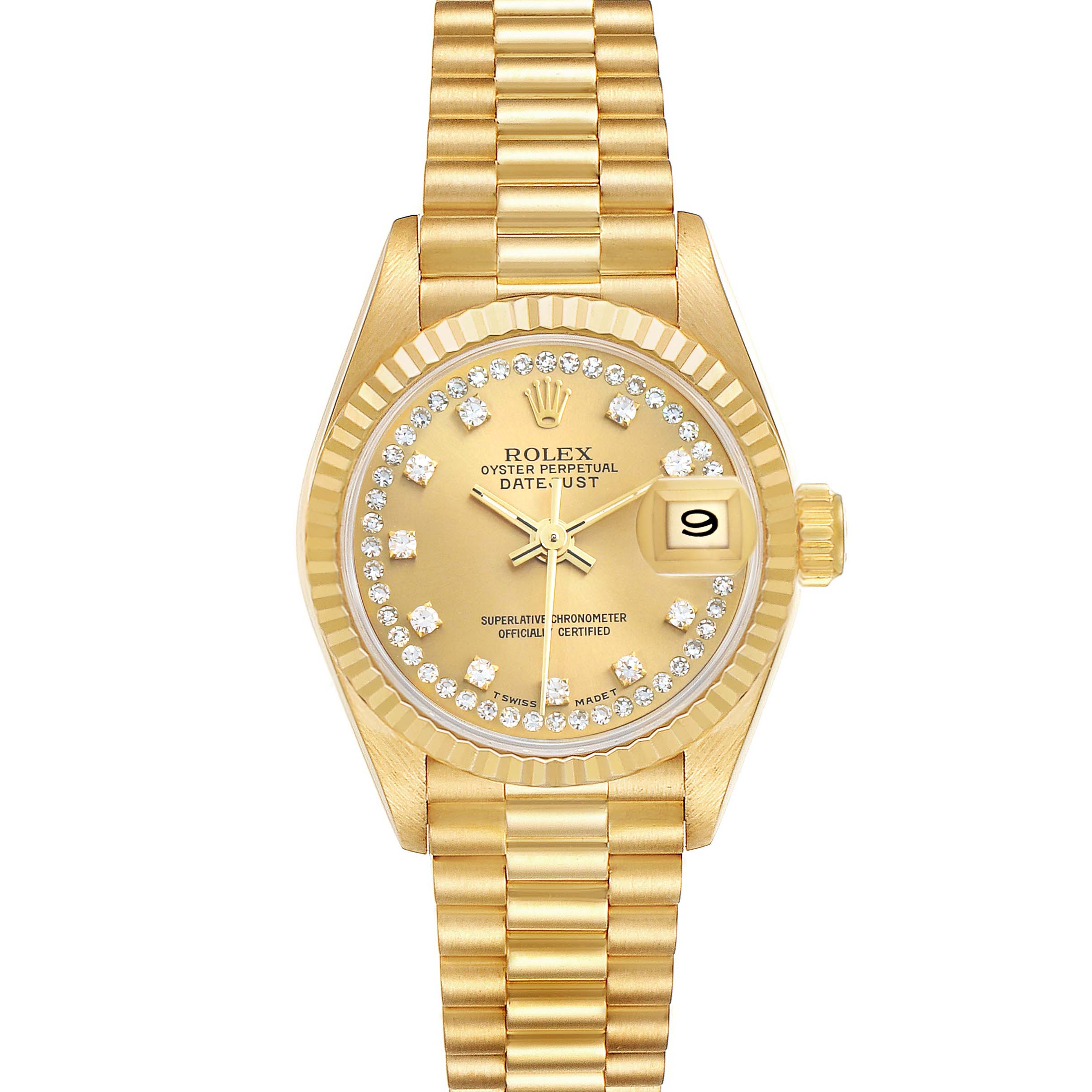 The image shows a front view of the Rolex President 69178 Women's Yellow Gold Champagne Dial watch, highlighting its dial, bezel, and bracelet.