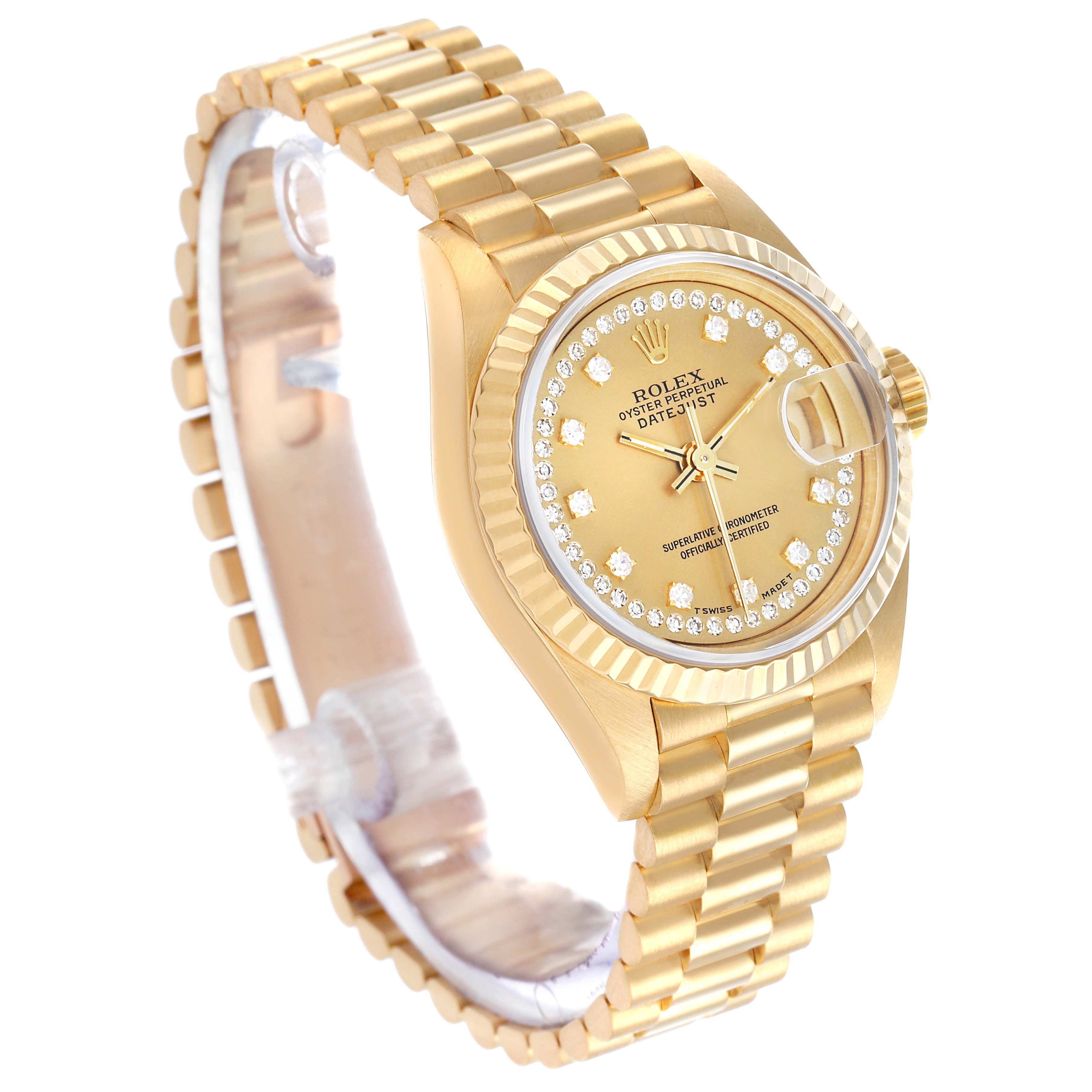 The Rolex President 69178 Women's Yellow Gold Champagne Dial watch is shown at a slight angle, displaying its face, bezel, crown, and band.