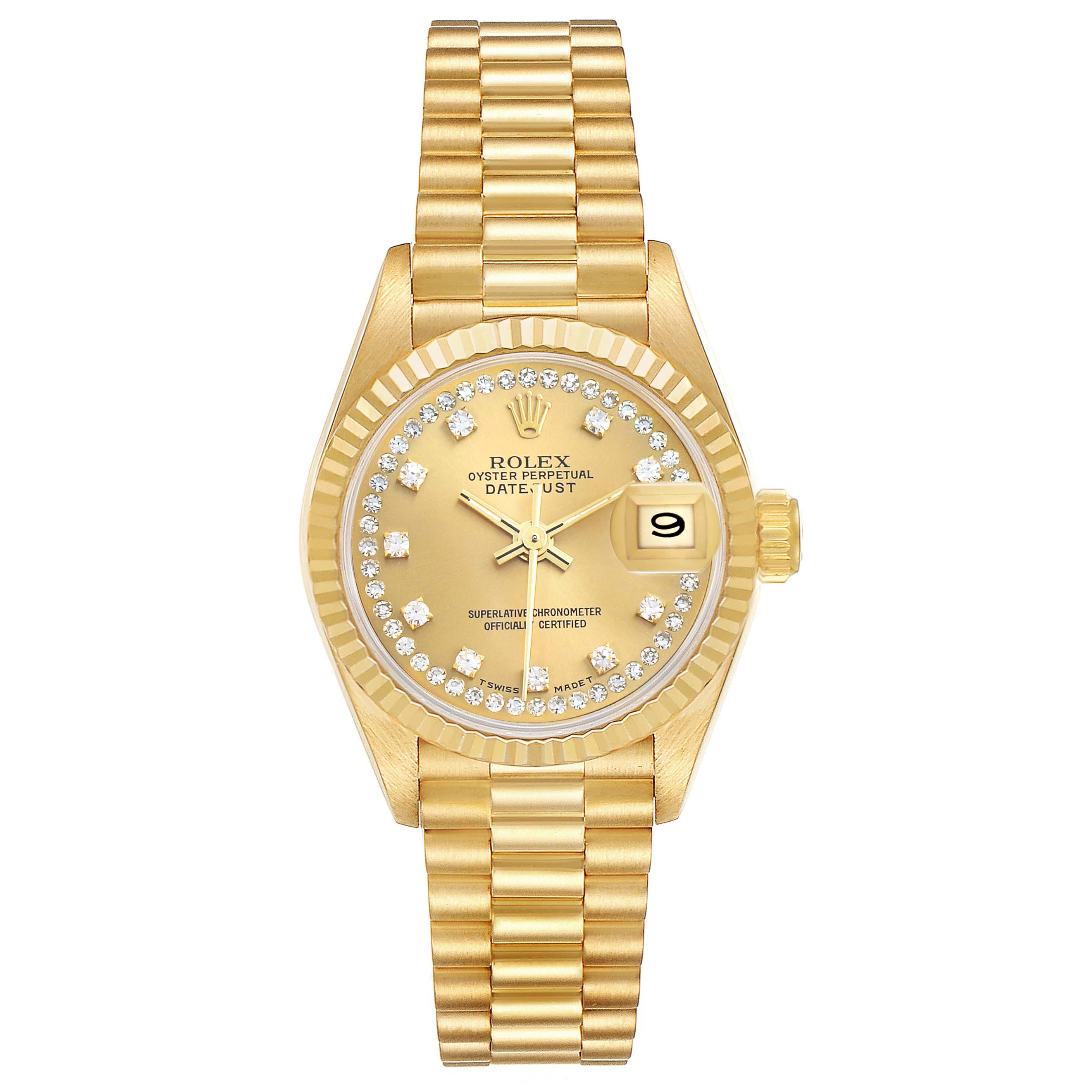 The Rolex President 69178 Women's Yellow Gold Champagne Dial model watch is shown from a front view, displaying the dial, bezel, and bracelet.