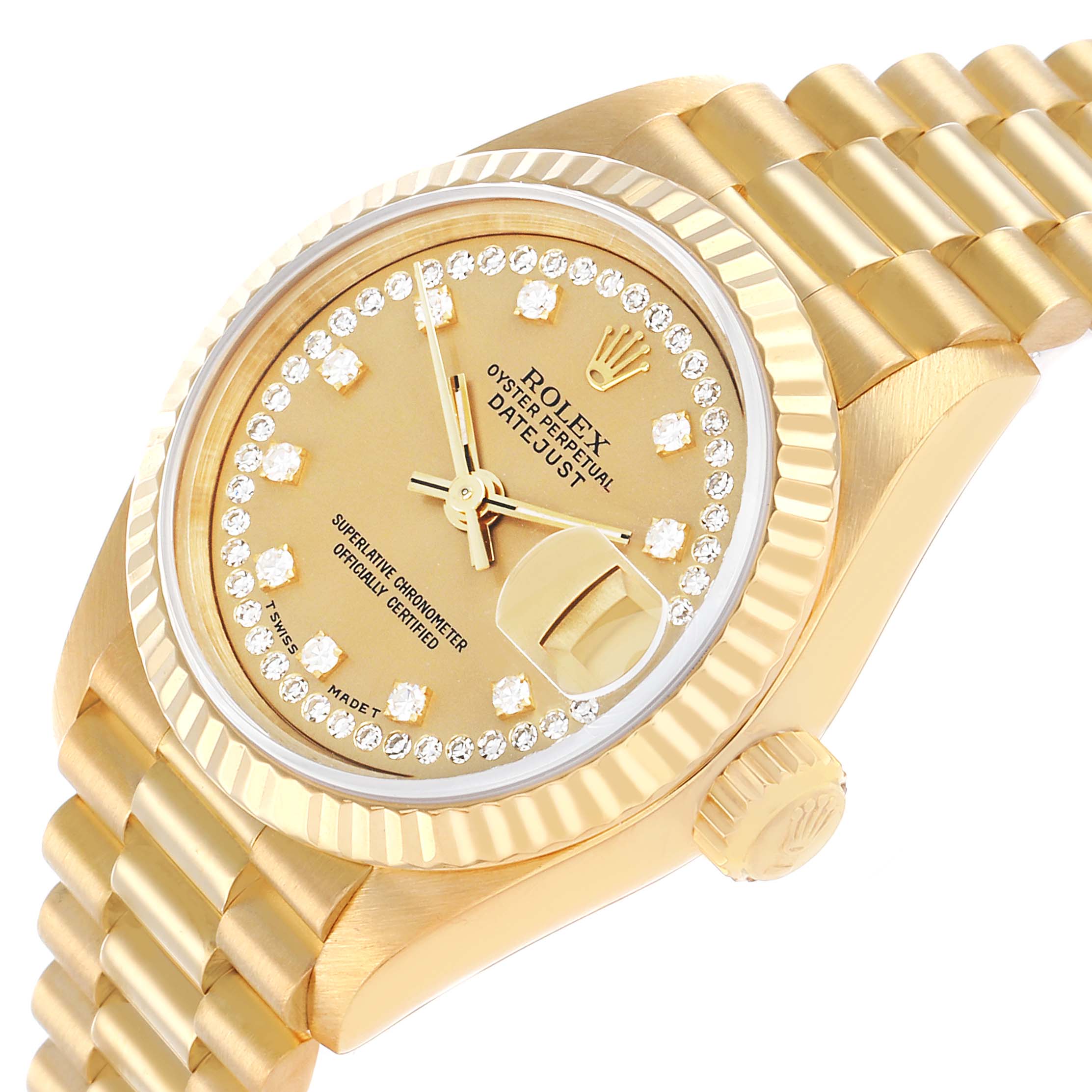 The Rolex President 69178 Women's Yellow Gold Champagne Dial model is shown from a left-side angle, highlighting the dial, bezel, crown, and part of the bracelet.