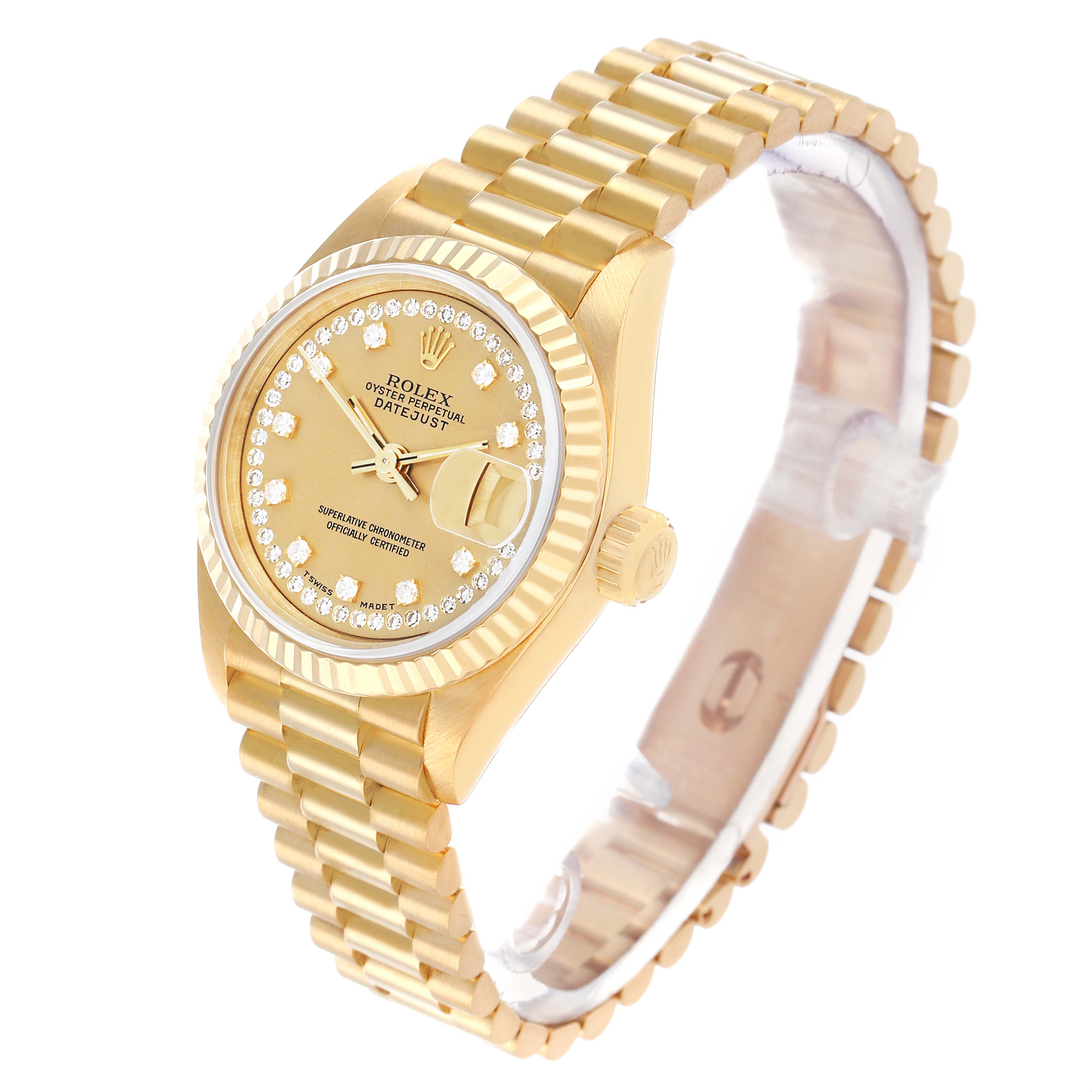 The Rolex President 69178 Women's Yellow Gold Champagne Dial model watch is shown at a three-quarter angle, highlighting the face, crown, and bracelet.
