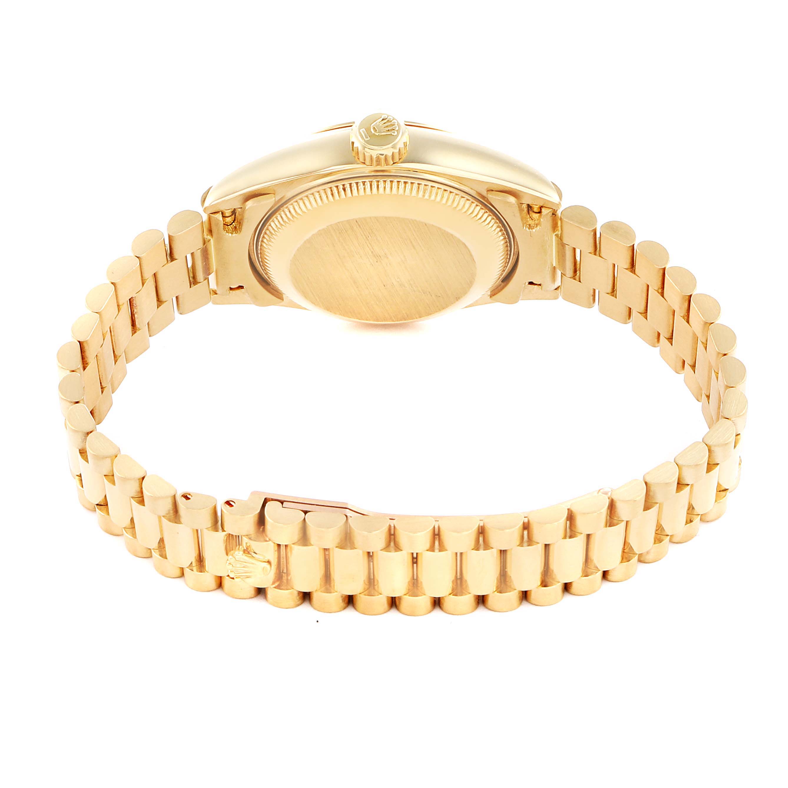 The image shows the Rolex President 69178 Women's Yellow Gold Champagne Dial watch from the back, highlighting the case, crown, and gold bracelet.