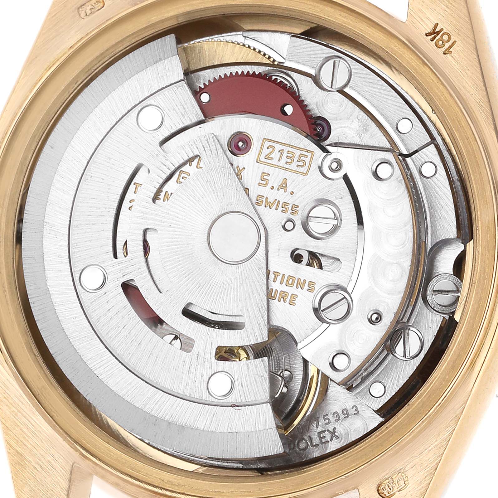 The image shows the movement and inner workings of a Rolex President 69178 Women's Yellow Gold Champagne Dial model, viewed from the back.