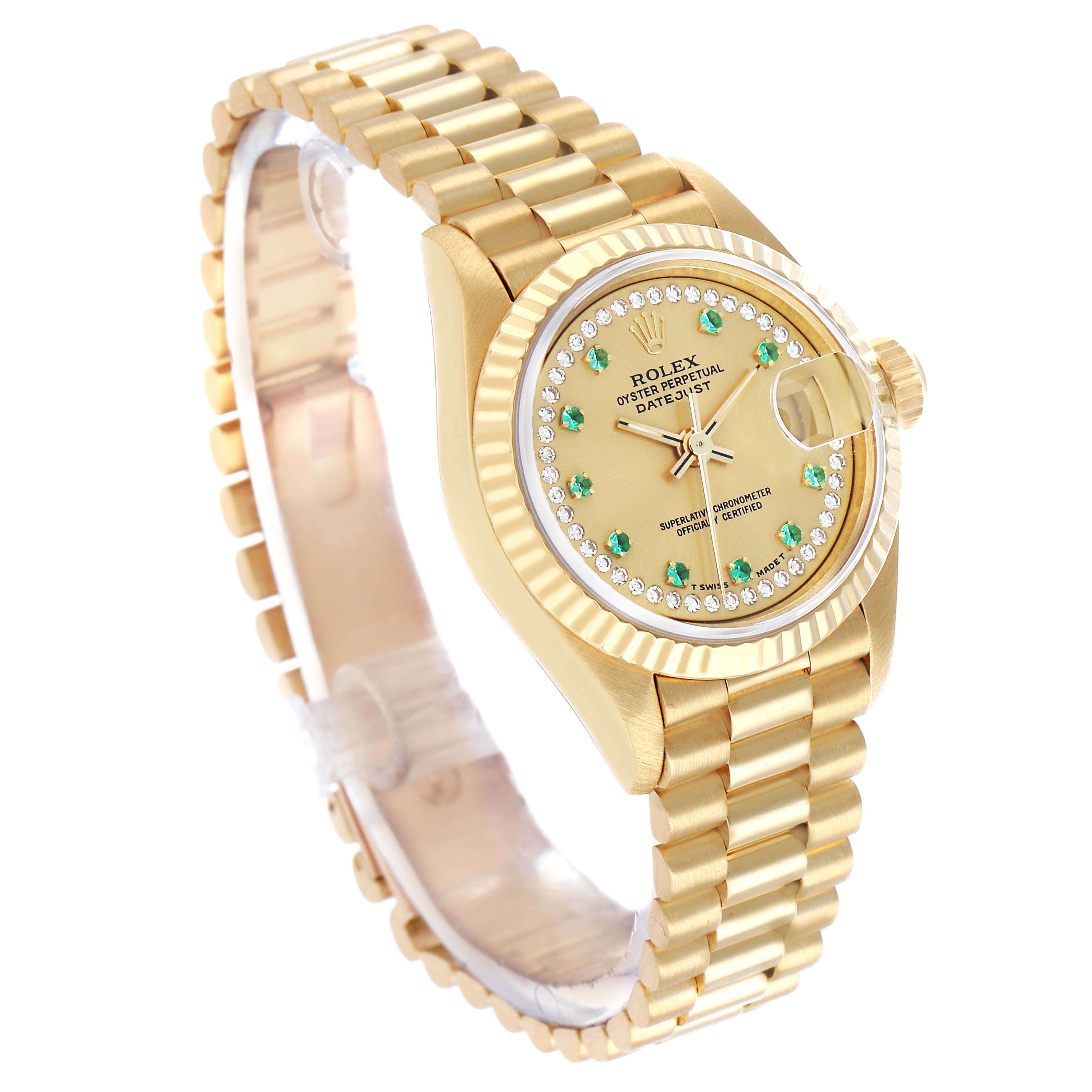 The Rolex President 69178 Women's Yellow Gold Champagne Dial model watch is shown at an angle highlighting its face, fluted bezel, and bracelet.