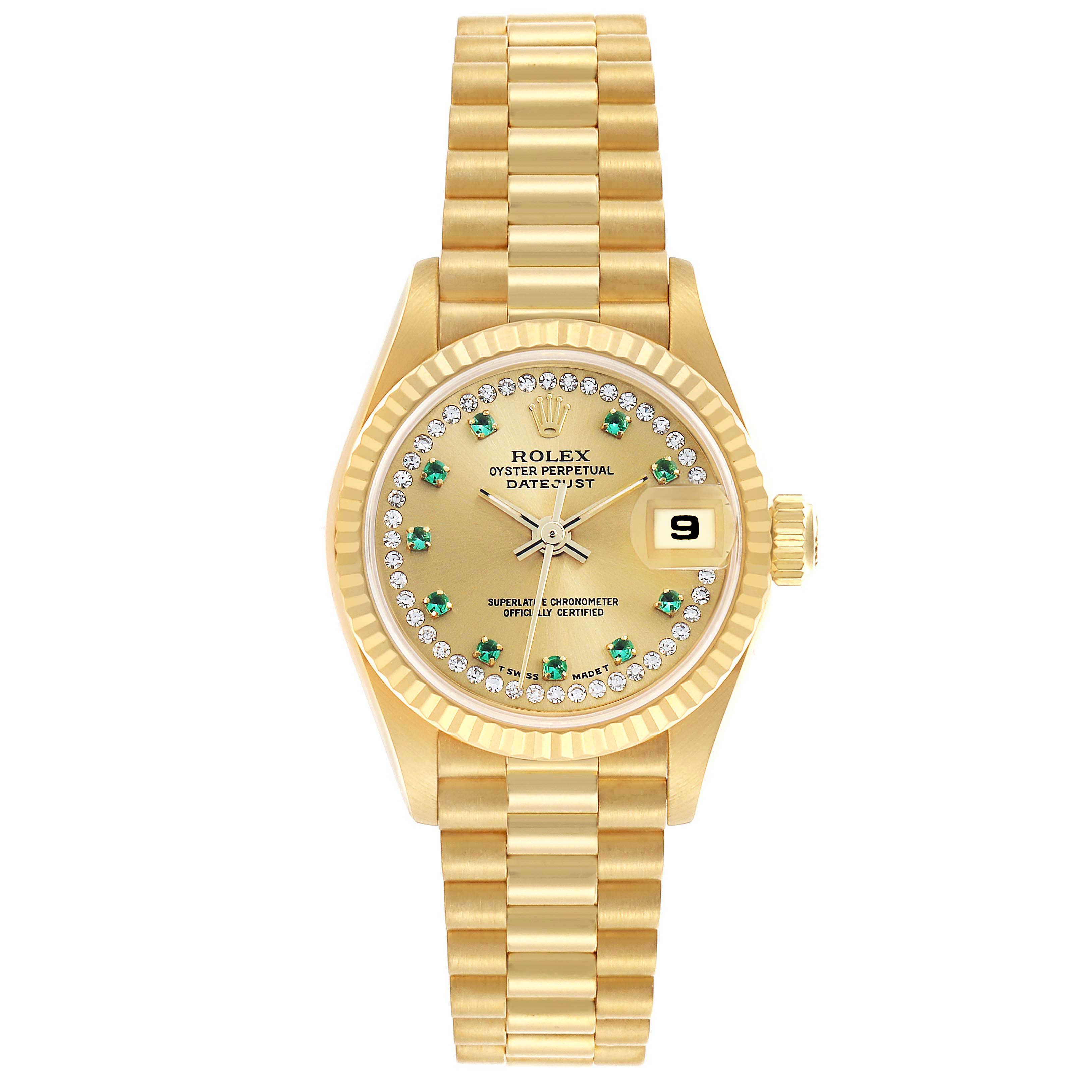 The Rolex President 69178 Women's Yellow Gold Champagne Dial model is shown from the front, displaying its dial, bezel, bracelet, and crown.