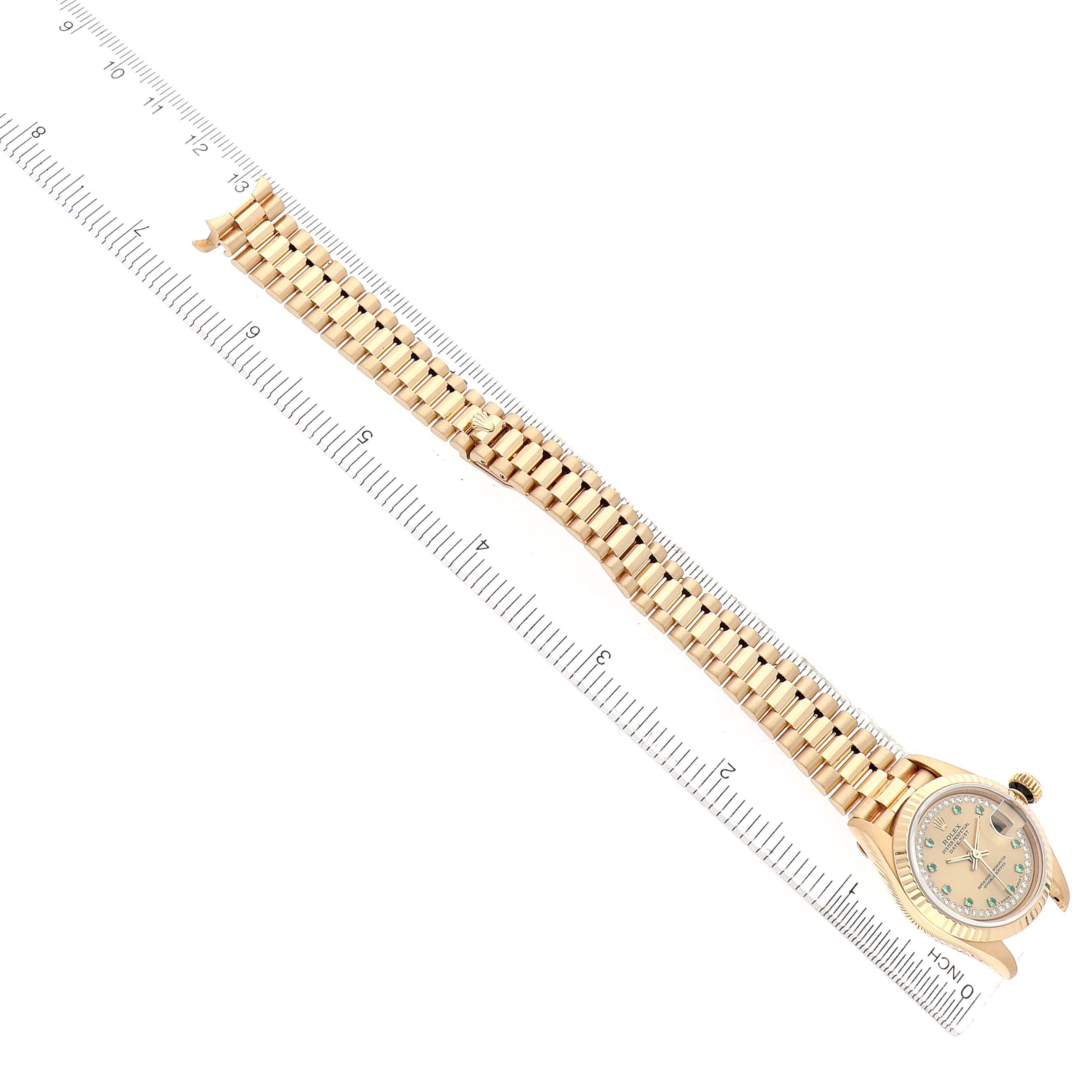 The Rolex President 69178 Women's Yellow Gold Champagne Dial model watch is shown from an overhead angle, displaying the full bracelet, dial, and part of the bezel.