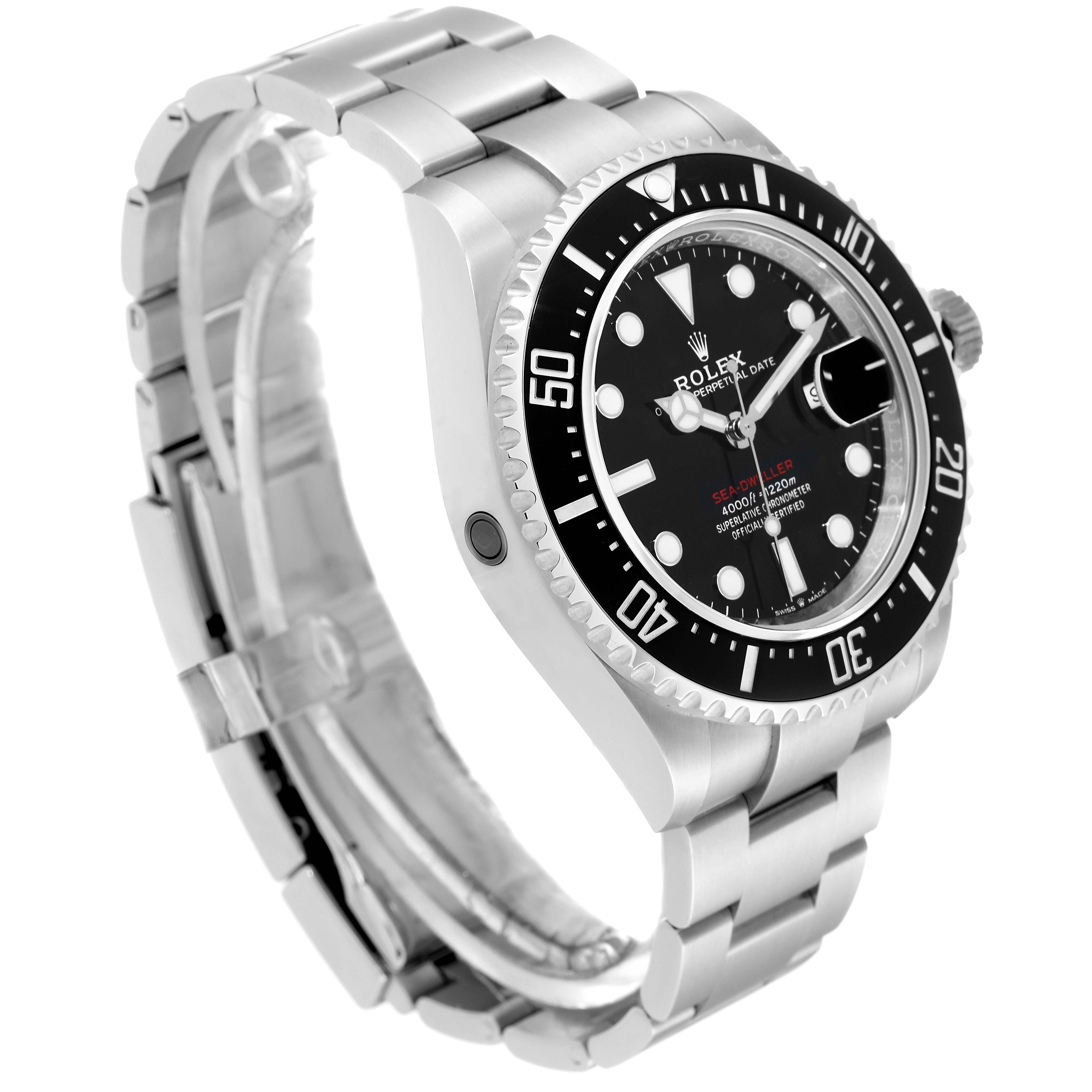 The image shows a Rolex Sea-Dweller 126600 Men's Stainless Steel Black Dial 126600 Men's Stainless Steel Black Dial watch at a three-quarter angle, highlighting the bezel, dial, and bracelet.