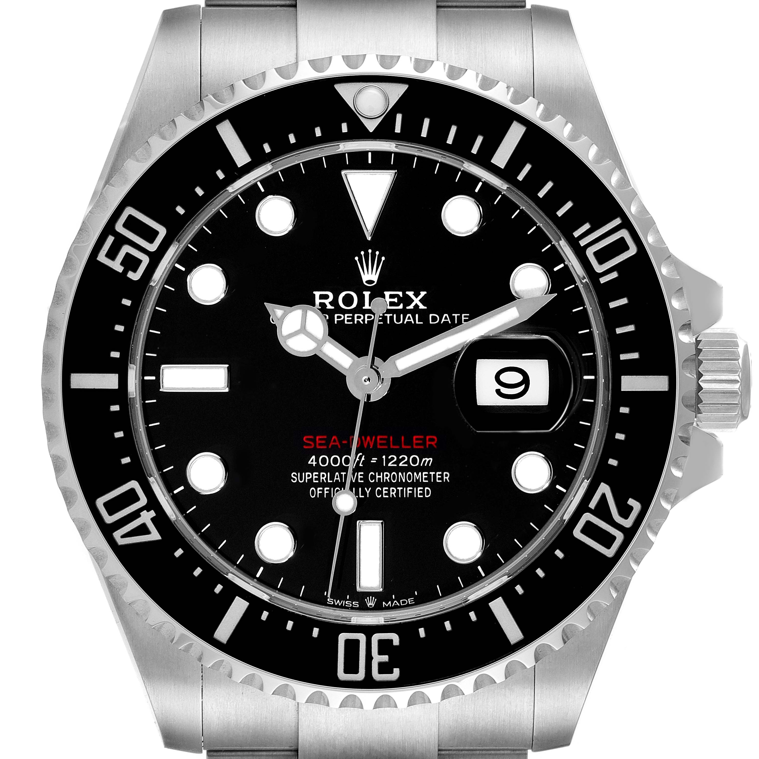 The image shows a front view of a Rolex Sea-Dweller 126600 Men's Stainless Steel Black Dial 126600 Men's Stainless Steel Black Dial watch, highlighting the dial, bezel, and date window.