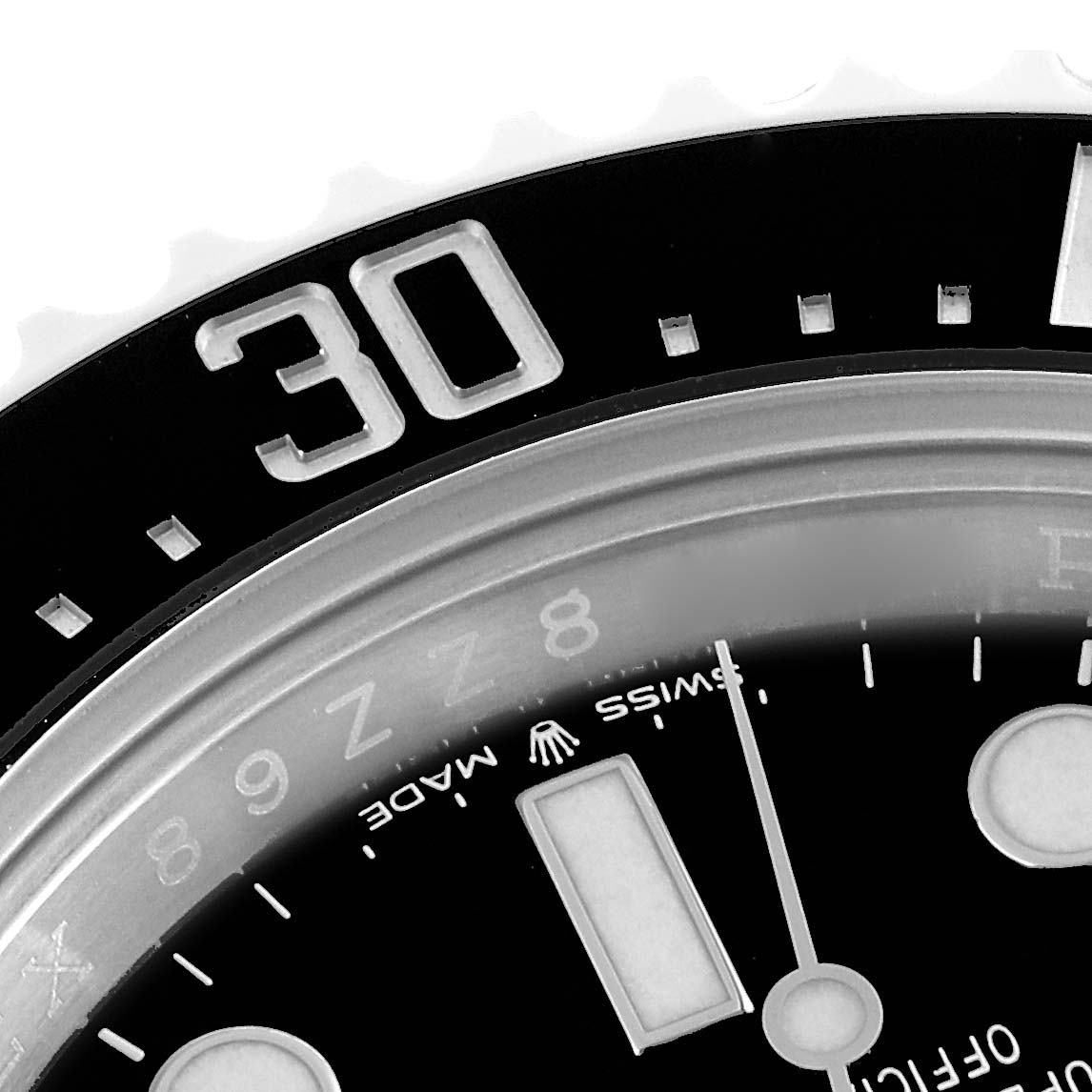 This image shows a close-up of the bezel and dial of a Rolex Sea-Dweller 126600 Men's Stainless Steel Black Dial 126600 Men's Stainless Steel Black Dial watch, focusing on the 30-minute marker.