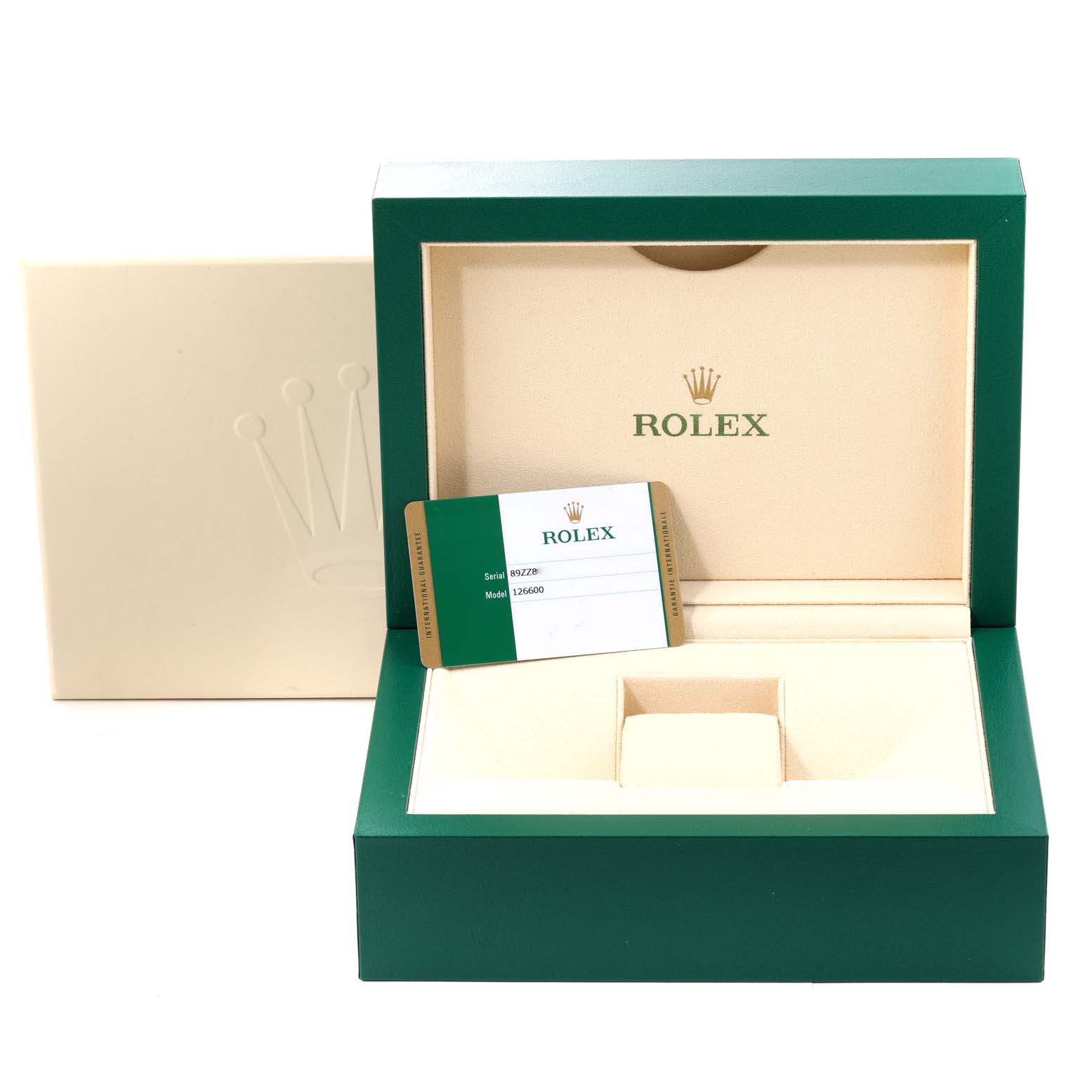 This image shows an open Rolex Sea-Dweller 126600 Men's Stainless Steel Black Dial 126600 Men's Stainless Steel Black Dial watch box with the warranty card visible.