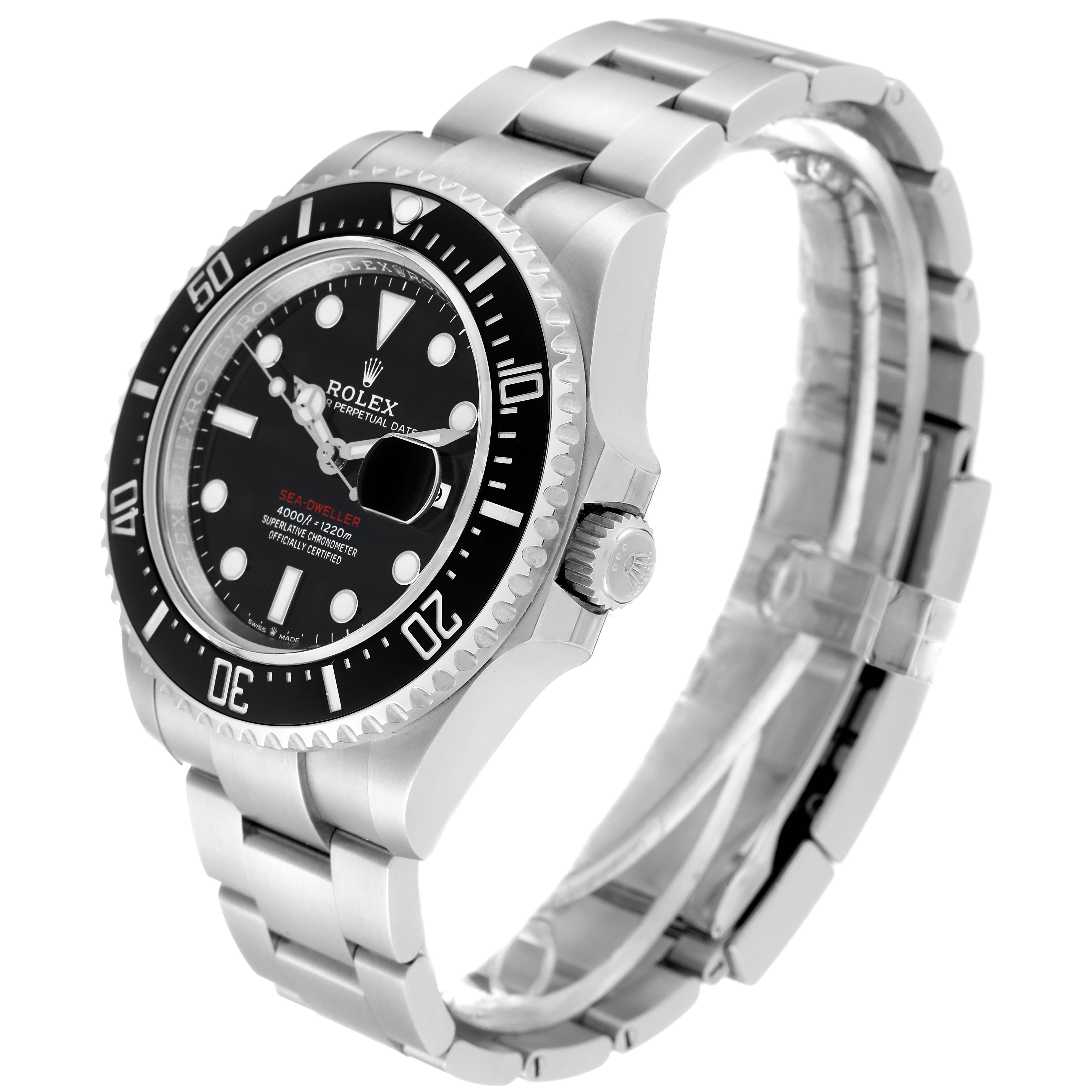 This image shows a side and angled view of the Rolex Sea-Dweller 126600 Men's Stainless Steel Black Dial 126600 Men's Stainless Steel Black Dial watch, highlighting its bezel, dial, crown, and stainless steel bracelet.