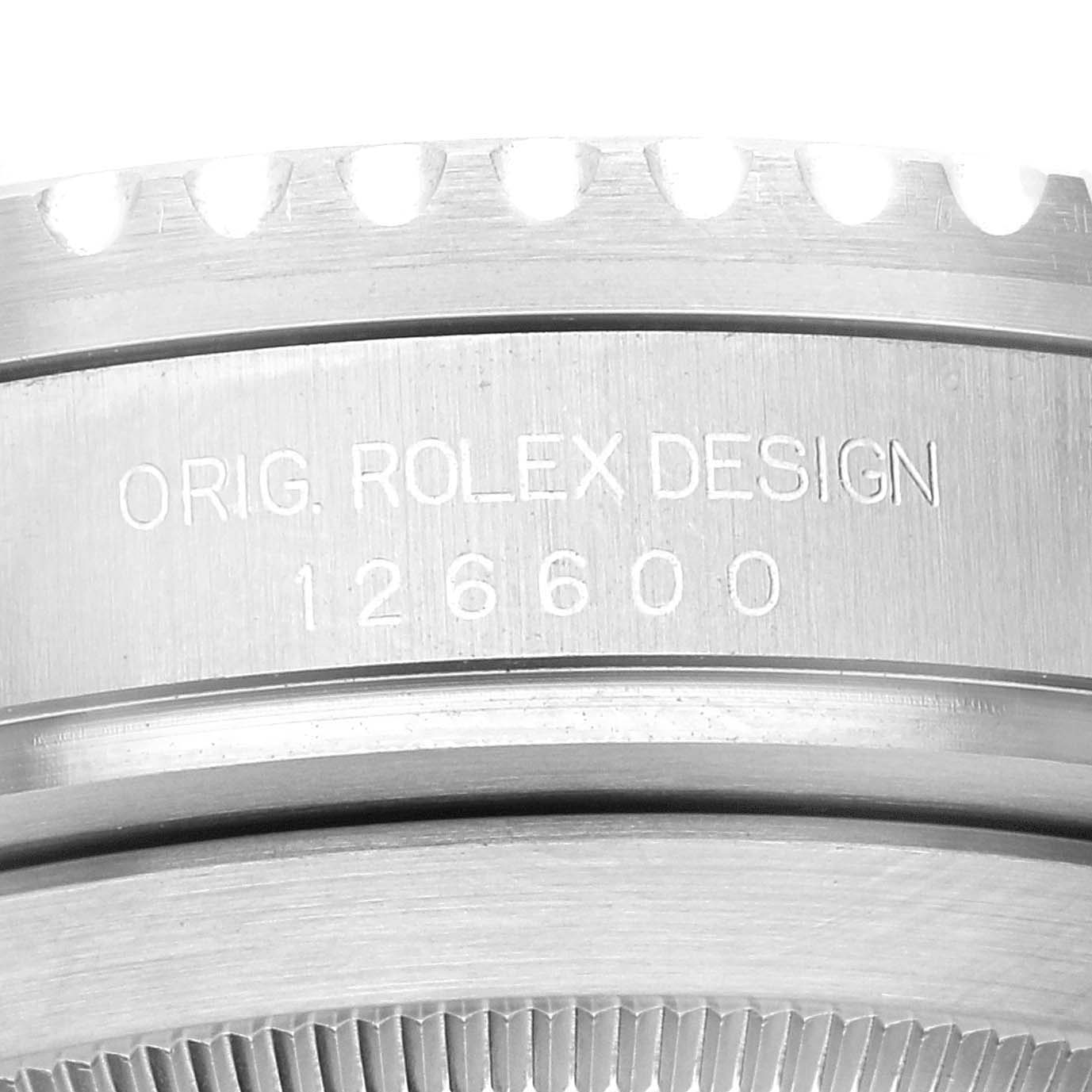 This close-up image shows the side view of the case back of a Rolex Sea-Dweller 126600 Men's Stainless Steel Black Dial 126600 Men's Stainless Steel Black Dial model 126600.