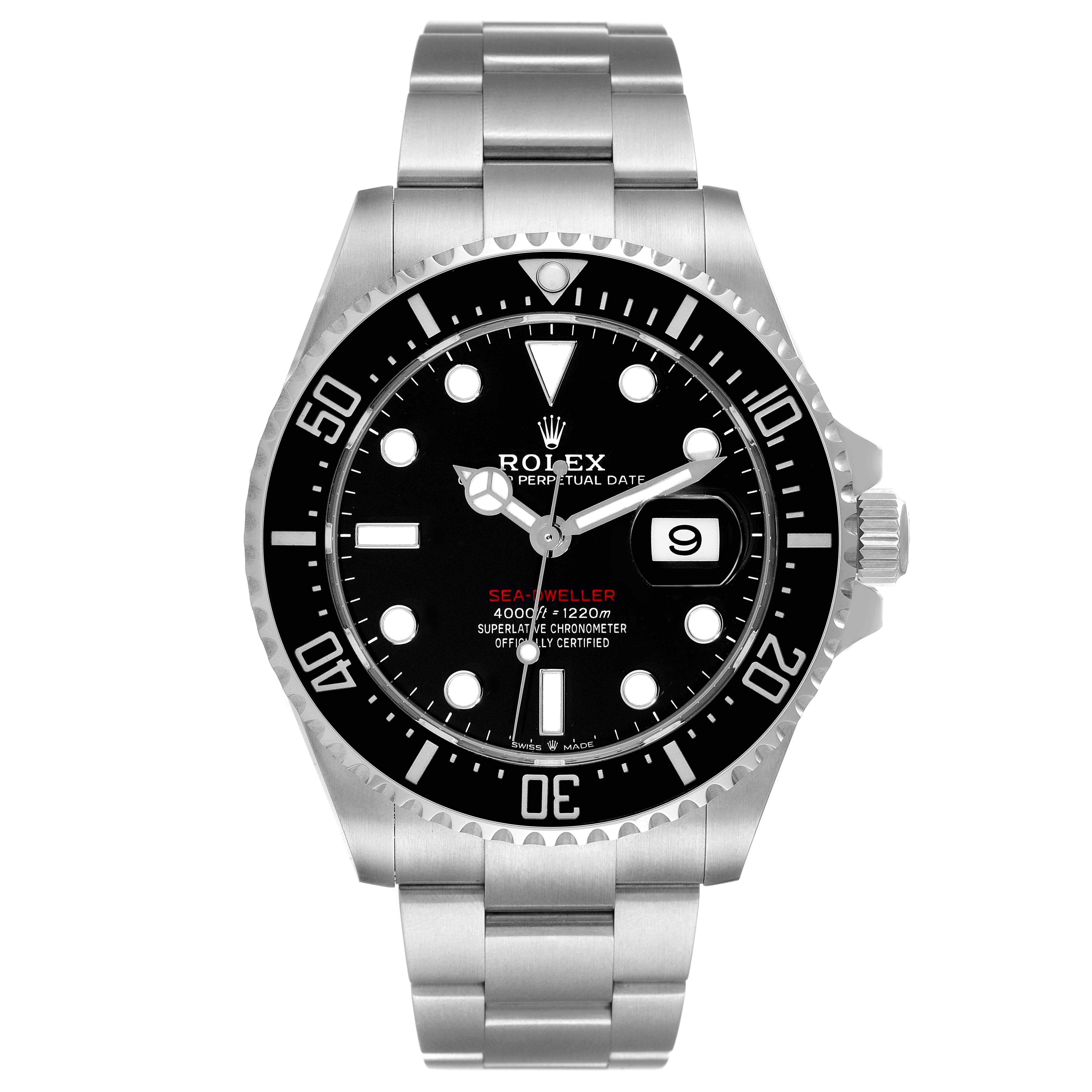 The image shows a frontal view of a Rolex Sea-Dweller 126600 Men's Stainless Steel Black Dial 126600 Men's Stainless Steel Black Dial watch displaying its dial, bezel, case, and bracelet.