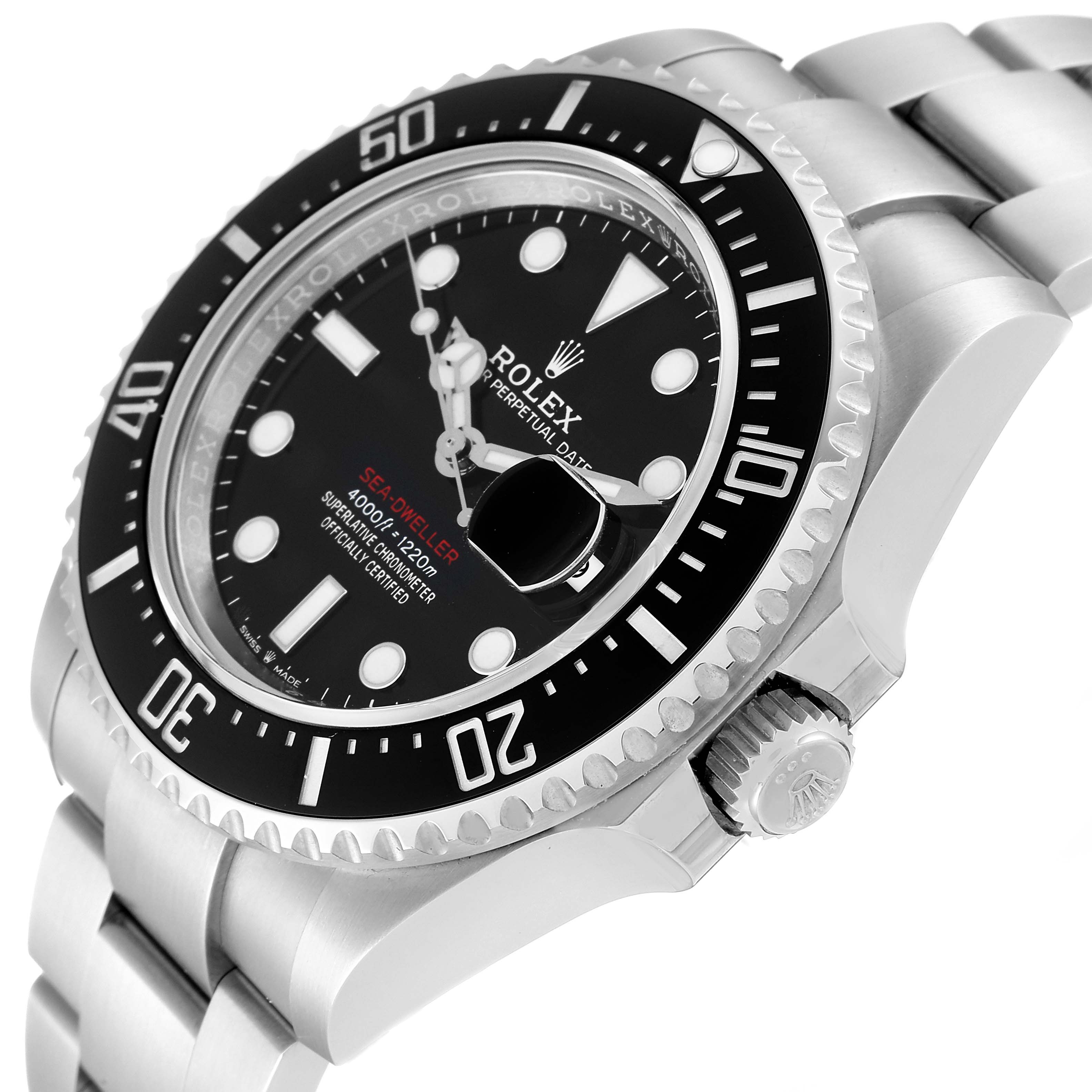 The image shows a Rolex Sea-Dweller 126600 Men's Stainless Steel Black Dial 126600 Men's Stainless Steel Black Dial watch at a slight angle, highlighting the bezel, dial, and part of the bracelet.