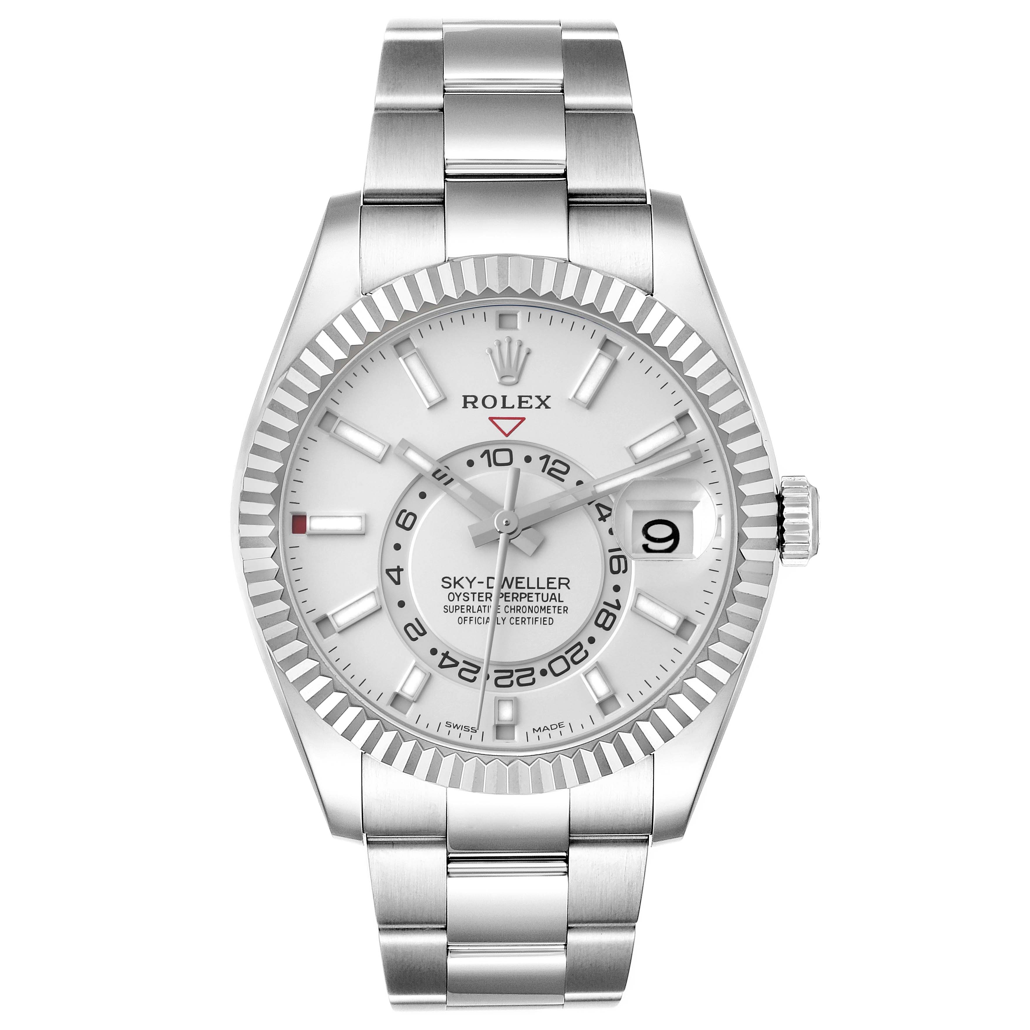 The image shows a front view of a Rolex Sky-Dweller 326934 Men
s Stainless Steel White Dial 326934 Men
s Stainless Steel White Dial watch, displaying its face, bezel, crown, and bracelet.