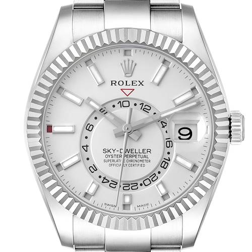 The image shows a front view of the Rolex Sky-Dweller watch, highlighting its dial, bezel, hour markers, and crown.