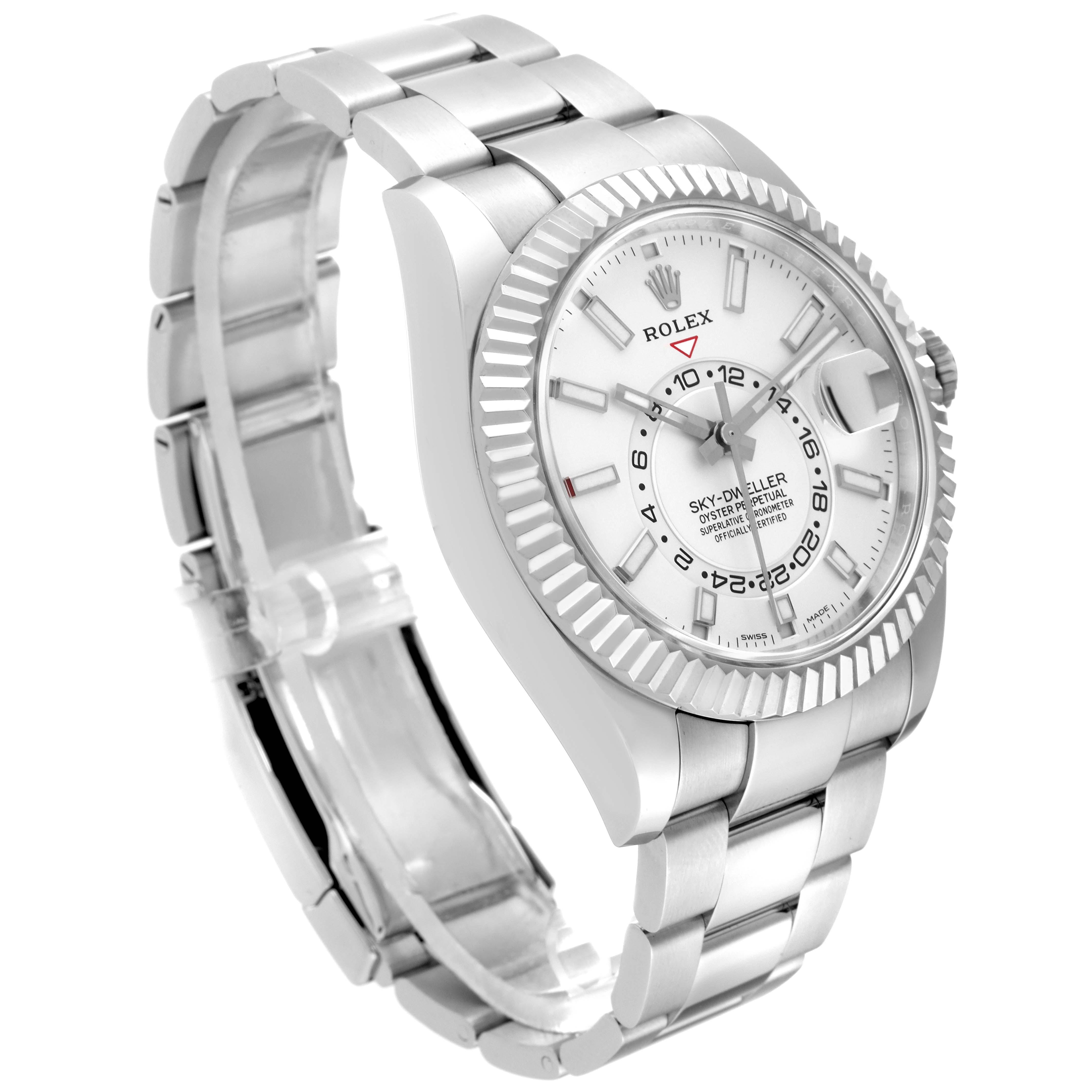 The image shows a Rolex Sky-Dweller 326934 Men
s Stainless Steel White Dial 326934 Men
s Stainless Steel White Dial watch at a three-quarter angle, displaying the face, fluted bezel, and bracelet.