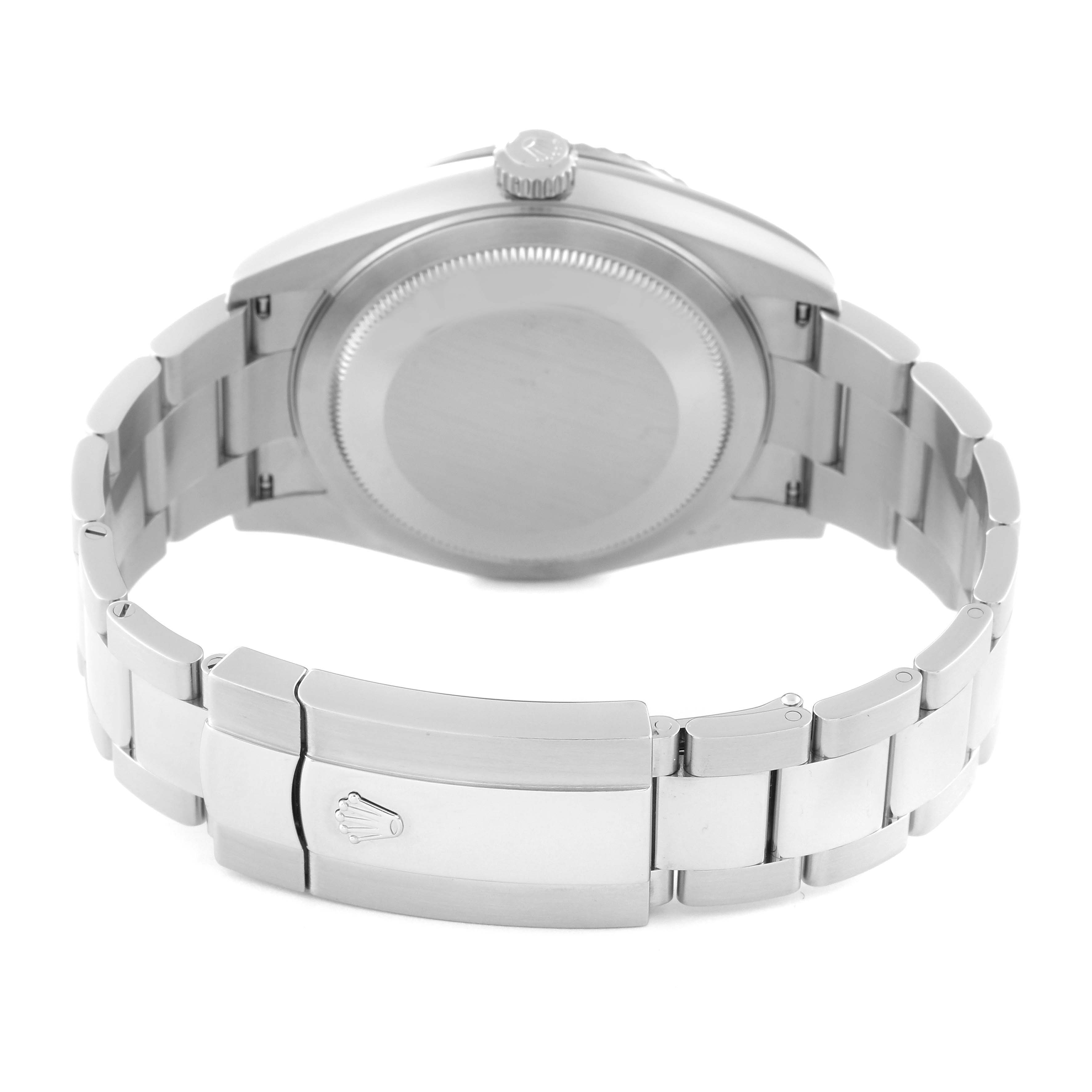 The image shows the back view of the Rolex Sky-Dweller 326934 Men
s Stainless Steel White Dial 326934 Men
s Stainless Steel White Dial watch, highlighting its caseback, bezel, and bracelet.