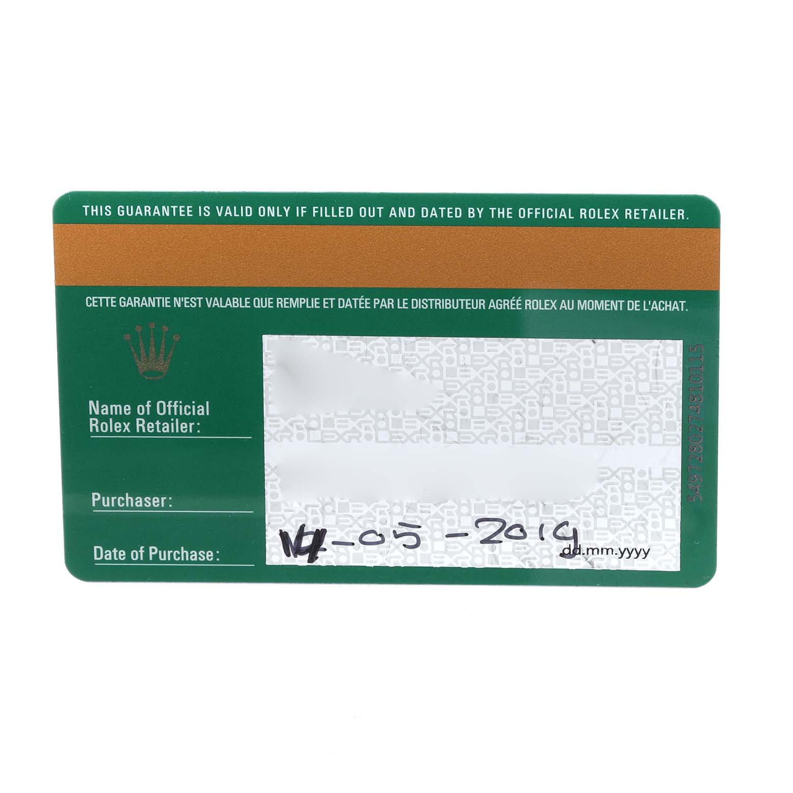 This image shows the guarantee card for the Rolex Sky-Dweller 326934 Men
s Stainless Steel White Dial 326934 Men
s Stainless Steel White Dial model.