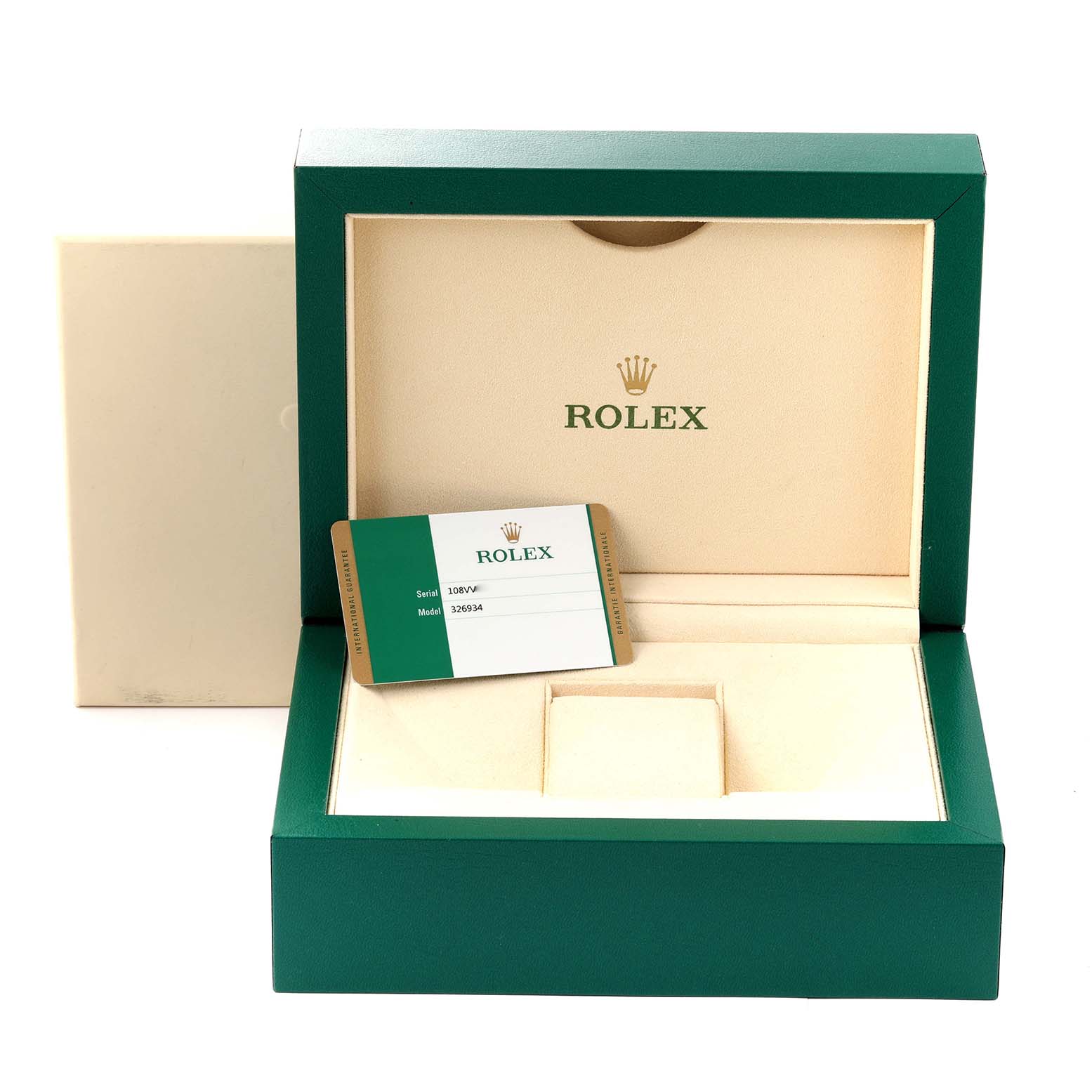 The image shows an open Rolex Sky-Dweller 326934 Men
s Stainless Steel White Dial 326934 Men
s Stainless Steel White Dial watch box and an accompanying warranty card angled inside the box.