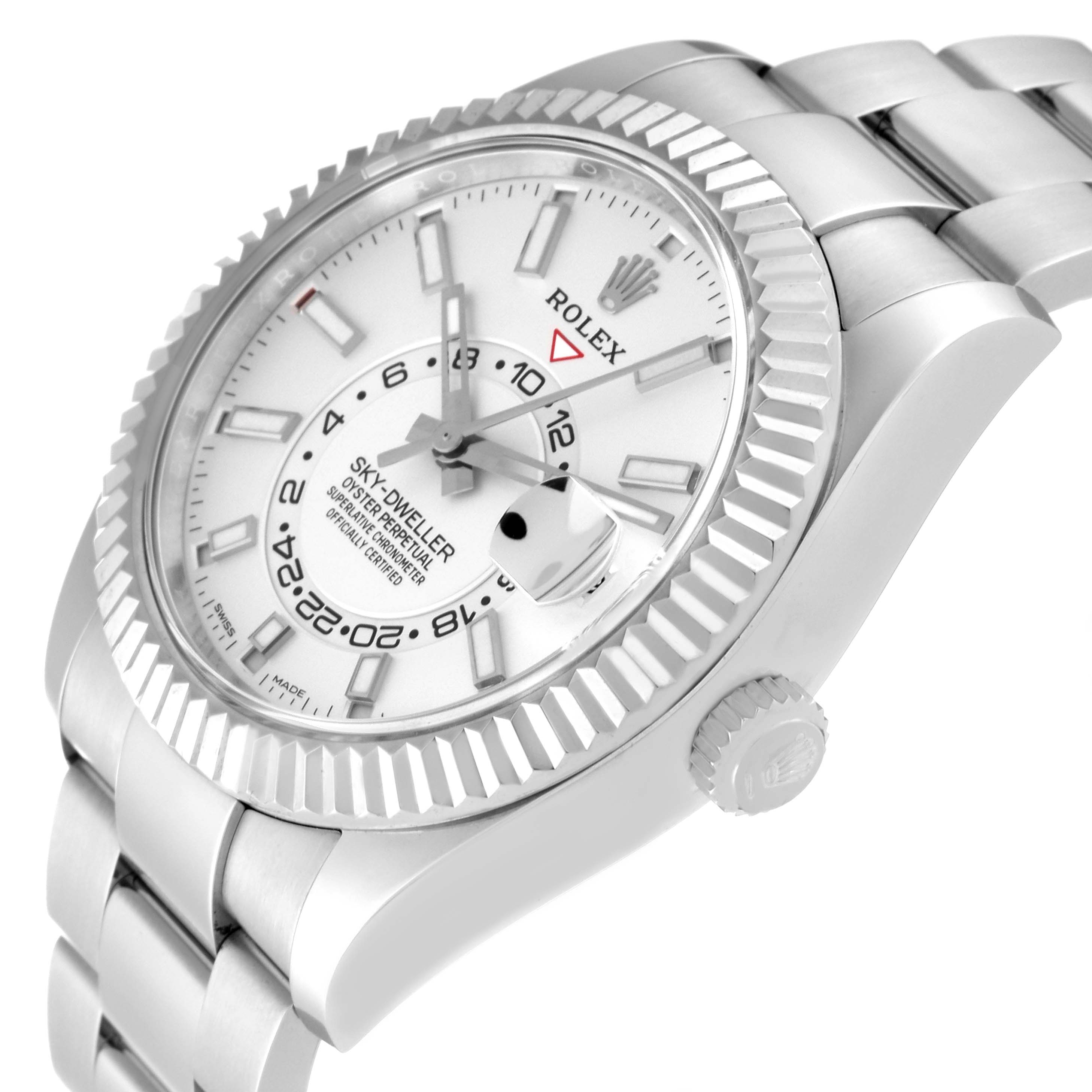 This image shows a Rolex Sky-Dweller 326934 Men
s Stainless Steel White Dial 326934 Men
s Stainless Steel White Dial watch at a slight angle, highlighting its white dial, fluted bezel, and Oyster bracelet.