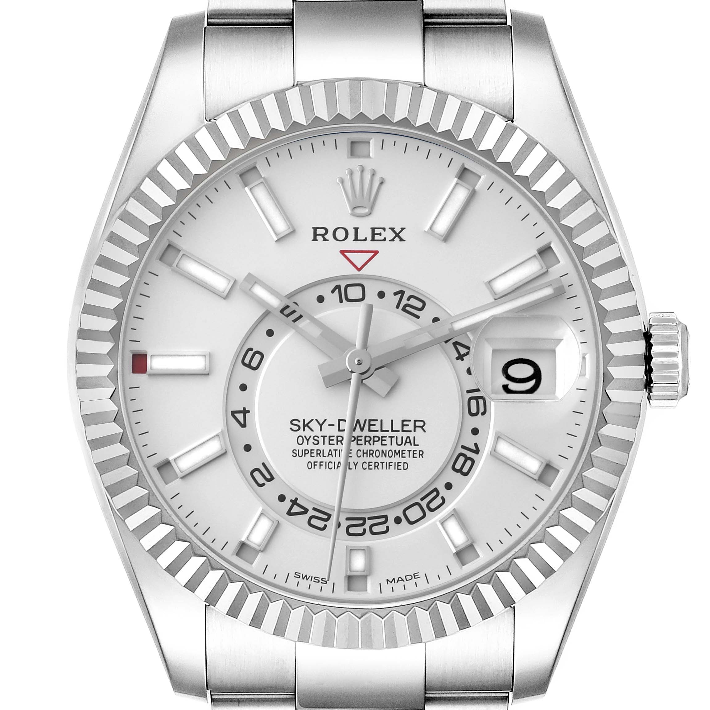 The image shows a front view of the Rolex Sky-Dweller 326934 Men
s Stainless Steel White Dial 326934 Men
s Stainless Steel White Dial watch, highlighting the dial, bezel, hands, and date window at 3 o
clock.