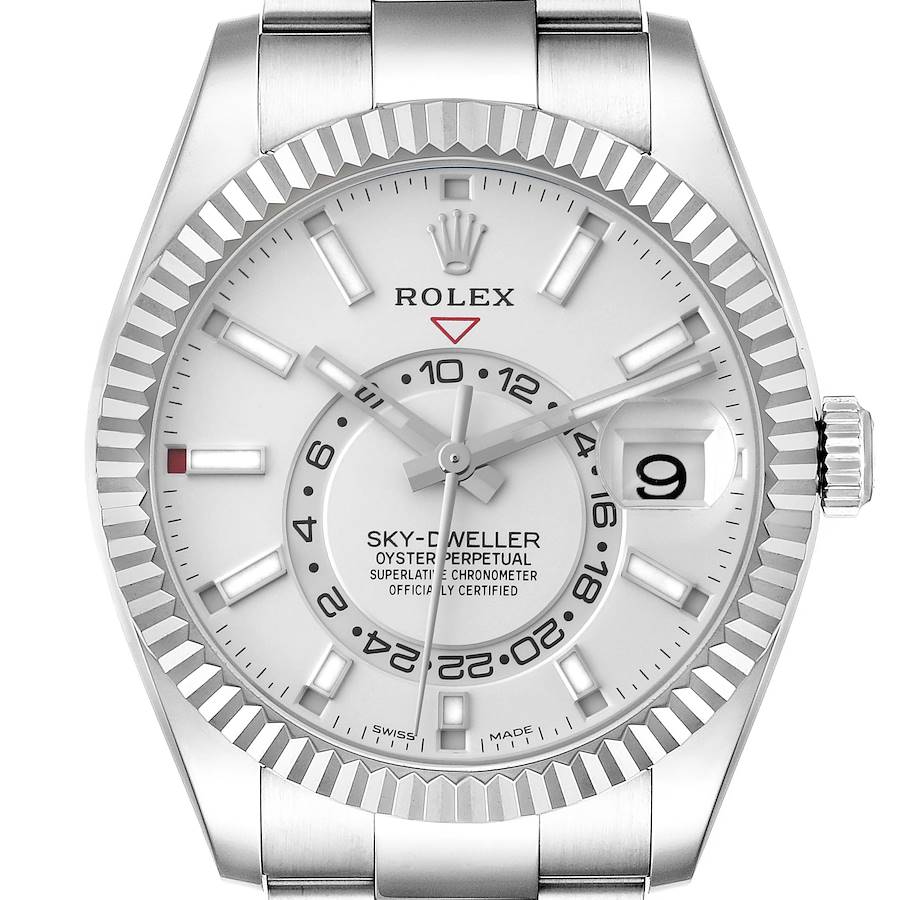 The image shows a front view of the Rolex Sky-Dweller watch, highlighting the dial, bezel, hands, and date window at 3 o'clock.