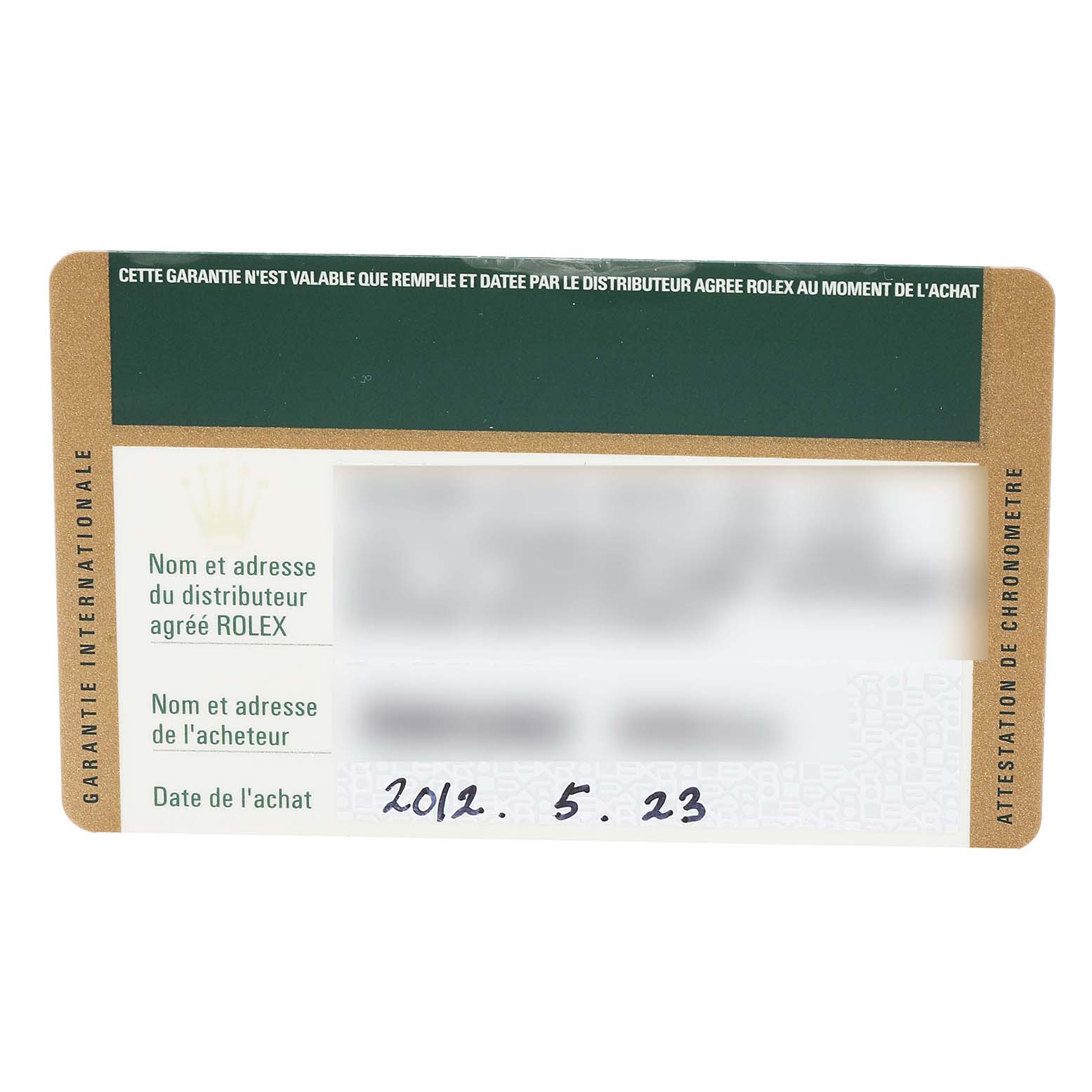 This image shows an international guarantee card for the Rolex Submariner 14060M Men's Stainless Steel Black Dial 14060M Men's Stainless Steel Black Dial, including purchase date and distributor details.