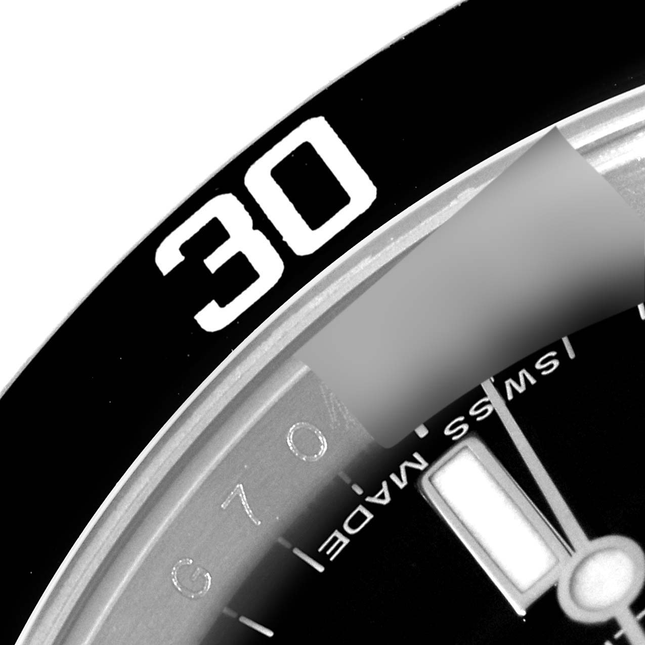 The image shows a close-up of the bezel and part of the dial of a Rolex Submariner 14060M Men's Stainless Steel Black Dial 14060M Men's Stainless Steel Black Dial watch, focusing on the "30" mark.