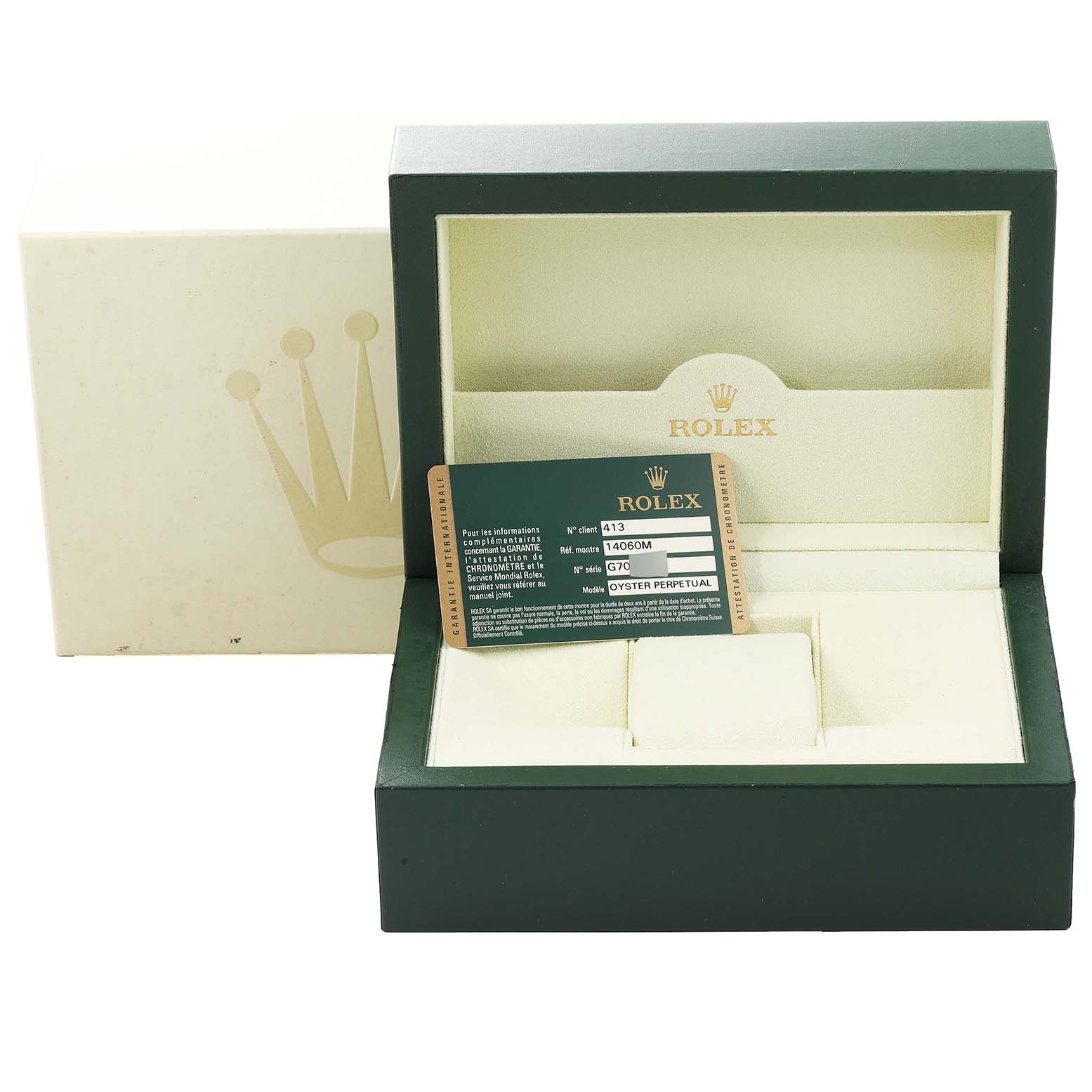 This is a Submariner model Rolex watch box and warranty card, shown from a front angle.