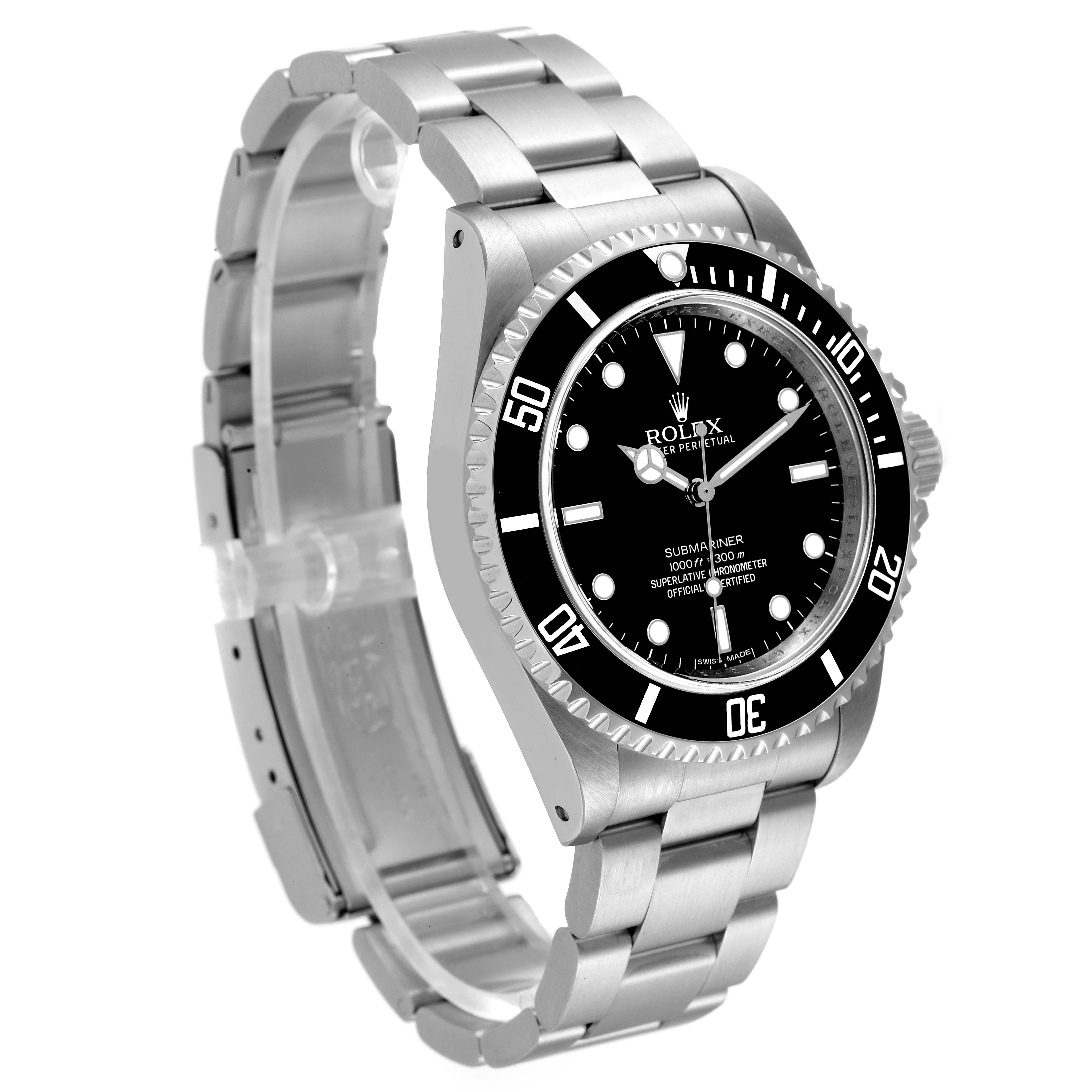 The image shows a side angle of the Rolex Submariner 14060M Men's Stainless Steel Black Dial 14060M Men's Stainless Steel Black Dial watch, displaying its dial, bezel, and bracelet.