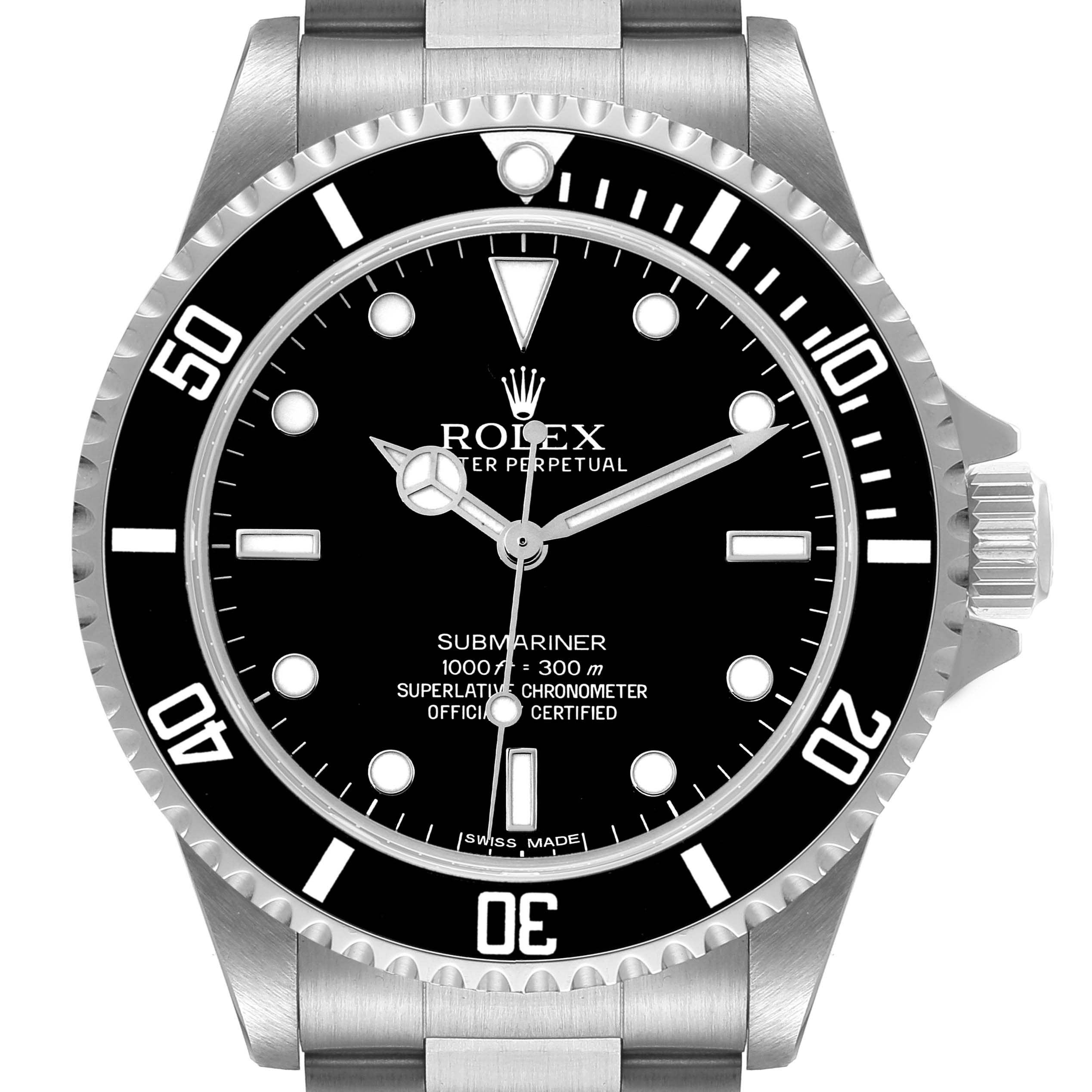 This image shows a front view of the Rolex Submariner 14060M Men's Stainless Steel Black Dial 14060M Men's Stainless Steel Black Dial watch, highlighting its face, bezel, and part of the bracelet.