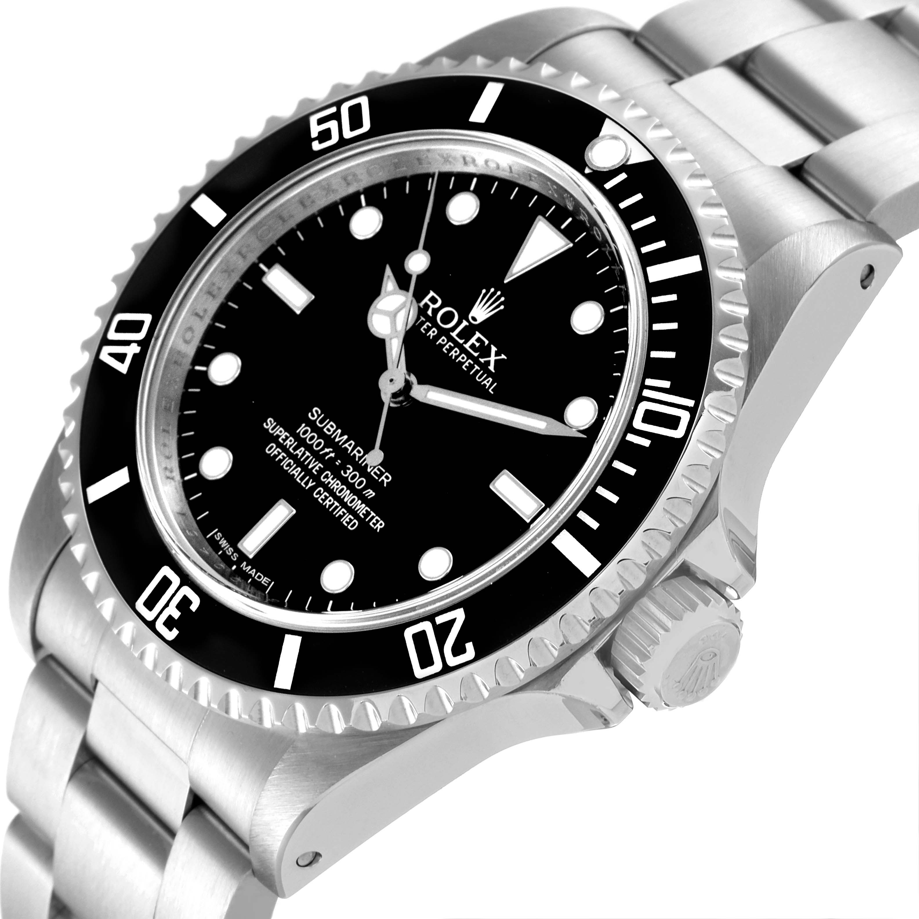 The image shows a Rolex Submariner 14060M Men's Stainless Steel Black Dial 14060M Men's Stainless Steel Black Dial model watch at an angled close-up, highlighting the dial, bezel, and part of the bracelet.