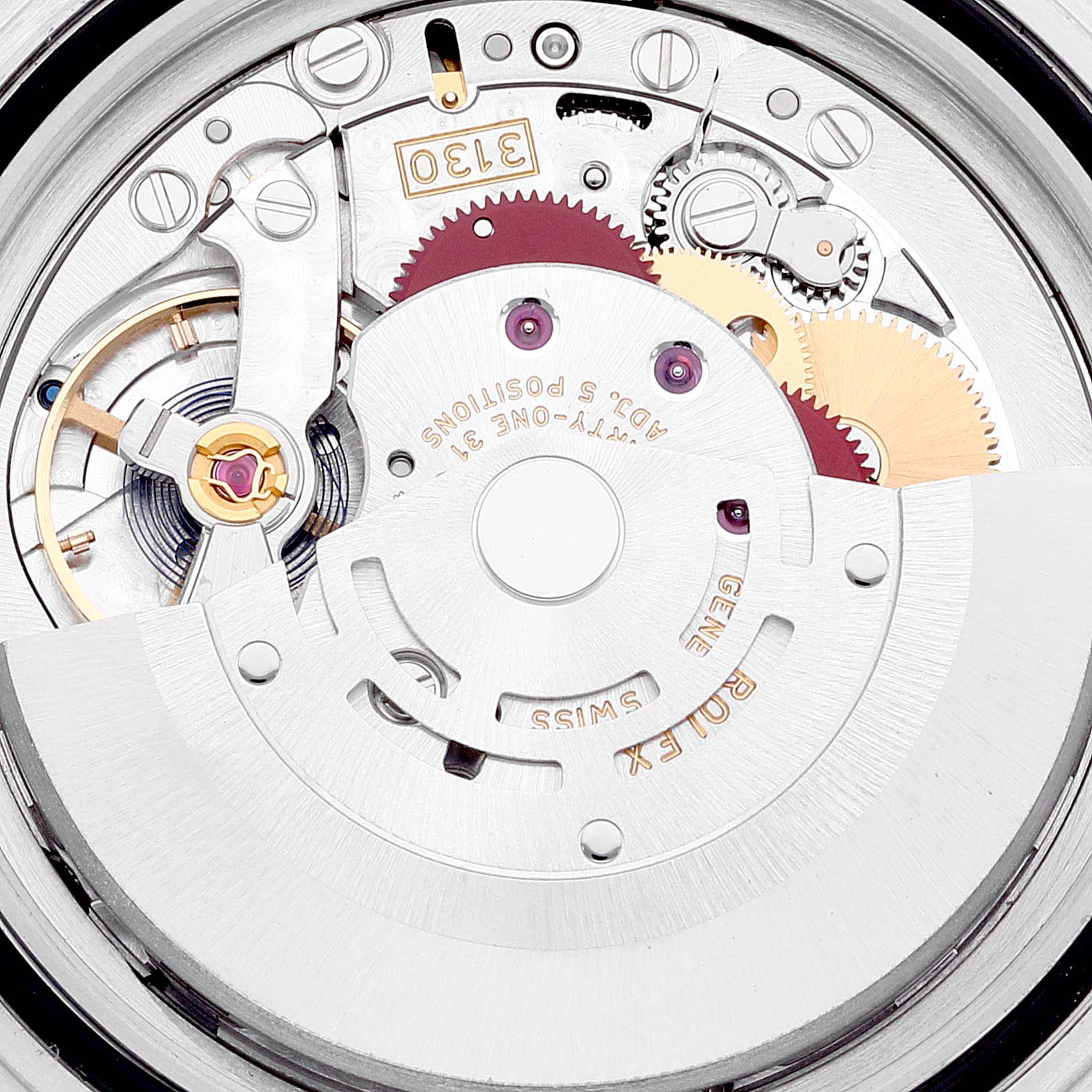 This is a close-up view of the internal movement of a Rolex Submariner 14060M Men's Stainless Steel Black Dial 14060M Men's Stainless Steel Black Dial watch, showcasing gears and mechanical components.