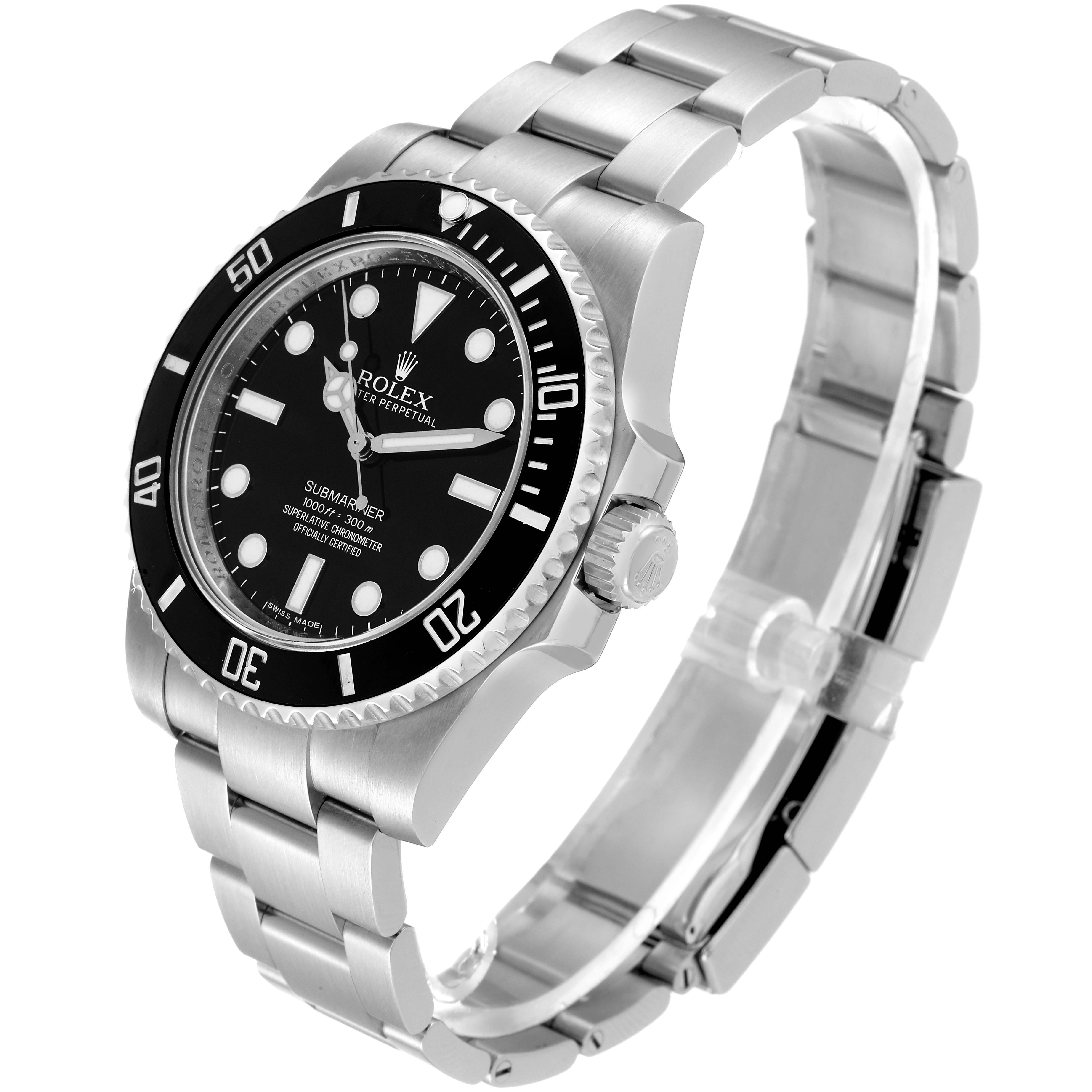 This image shows a Rolex Submariner 114060 Men
s Stainless Steel Black Dial 114060 Men
s Stainless Steel Black Dial watch at a three-quarter angle, highlighting the dial, bezel, crown, and bracelet.
