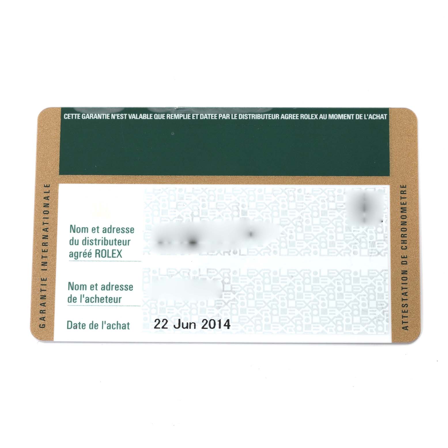 This is the warranty card for a Rolex Submariner 114060 Men
s Stainless Steel Black Dial 114060 Men
s Stainless Steel Black Dial watch, displaying purchase information and dealer details.