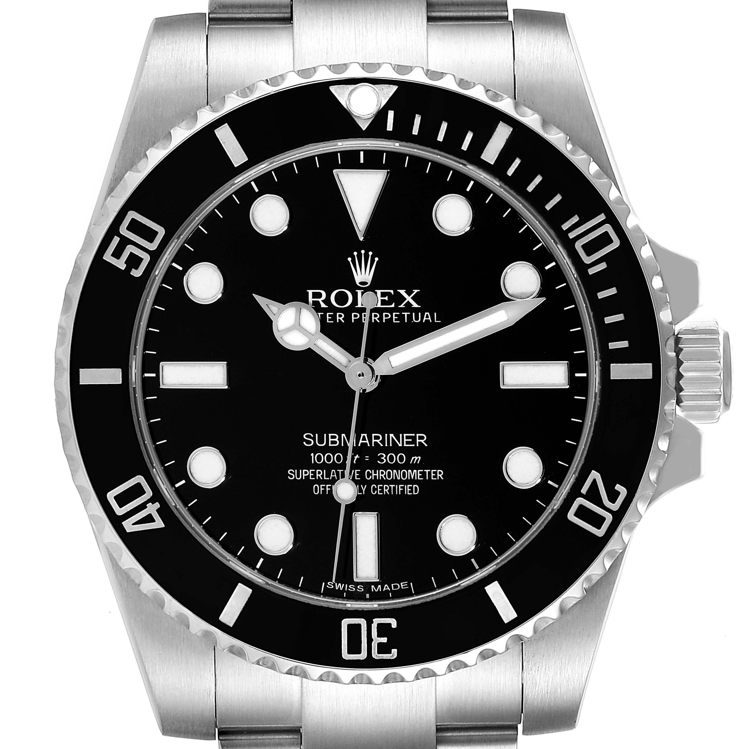 The image shows a front view of the Rolex Submariner 114060 Men
s Stainless Steel Black Dial 114060 Men
s Stainless Steel Black Dial watch, highlighting its dial, bezel, and part of the bracelet.