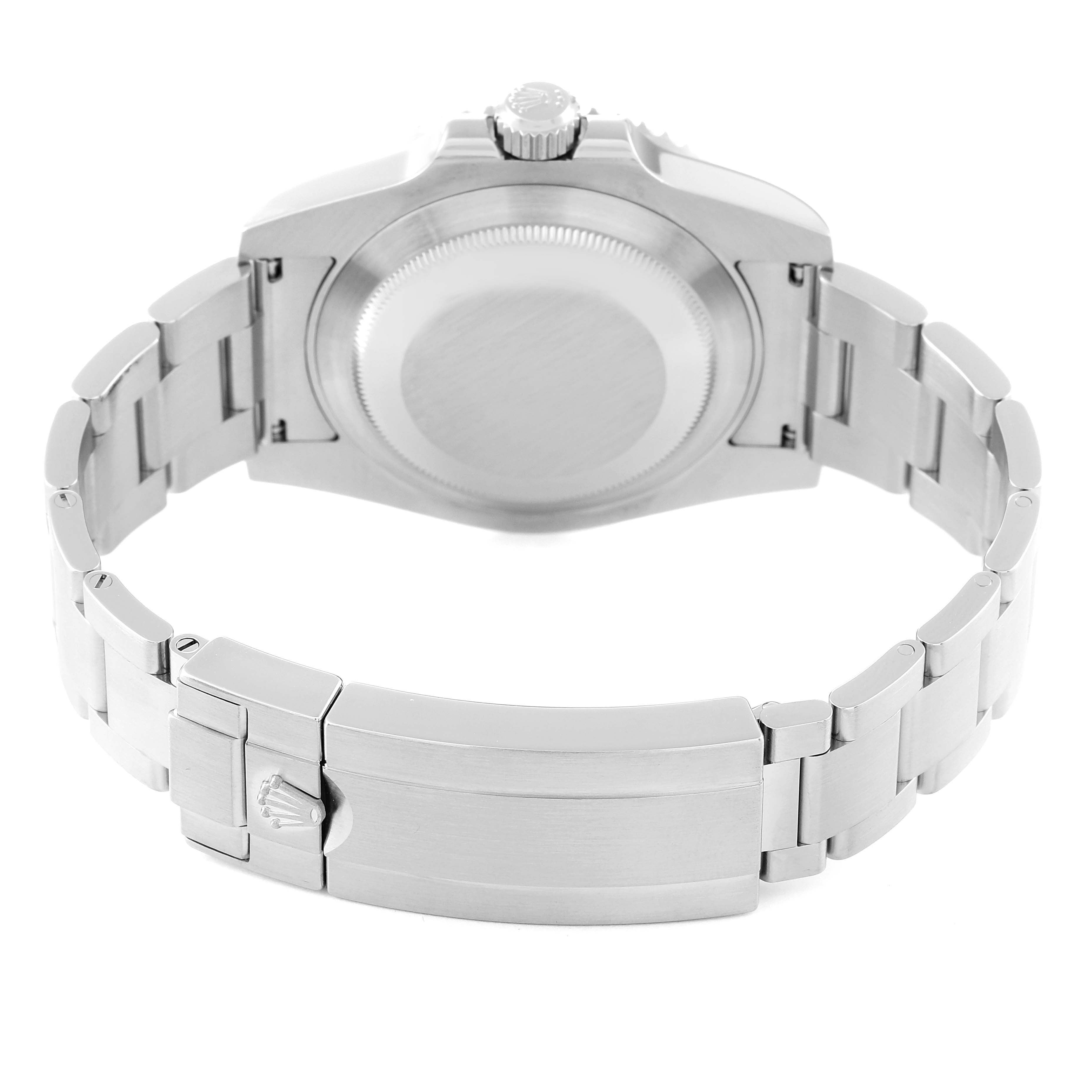 This image shows the back view of a Rolex Submariner 114060 Men
s Stainless Steel Black Dial 114060 Men
s Stainless Steel Black Dial watch, highlighting the case back and bracelet with the clasp.