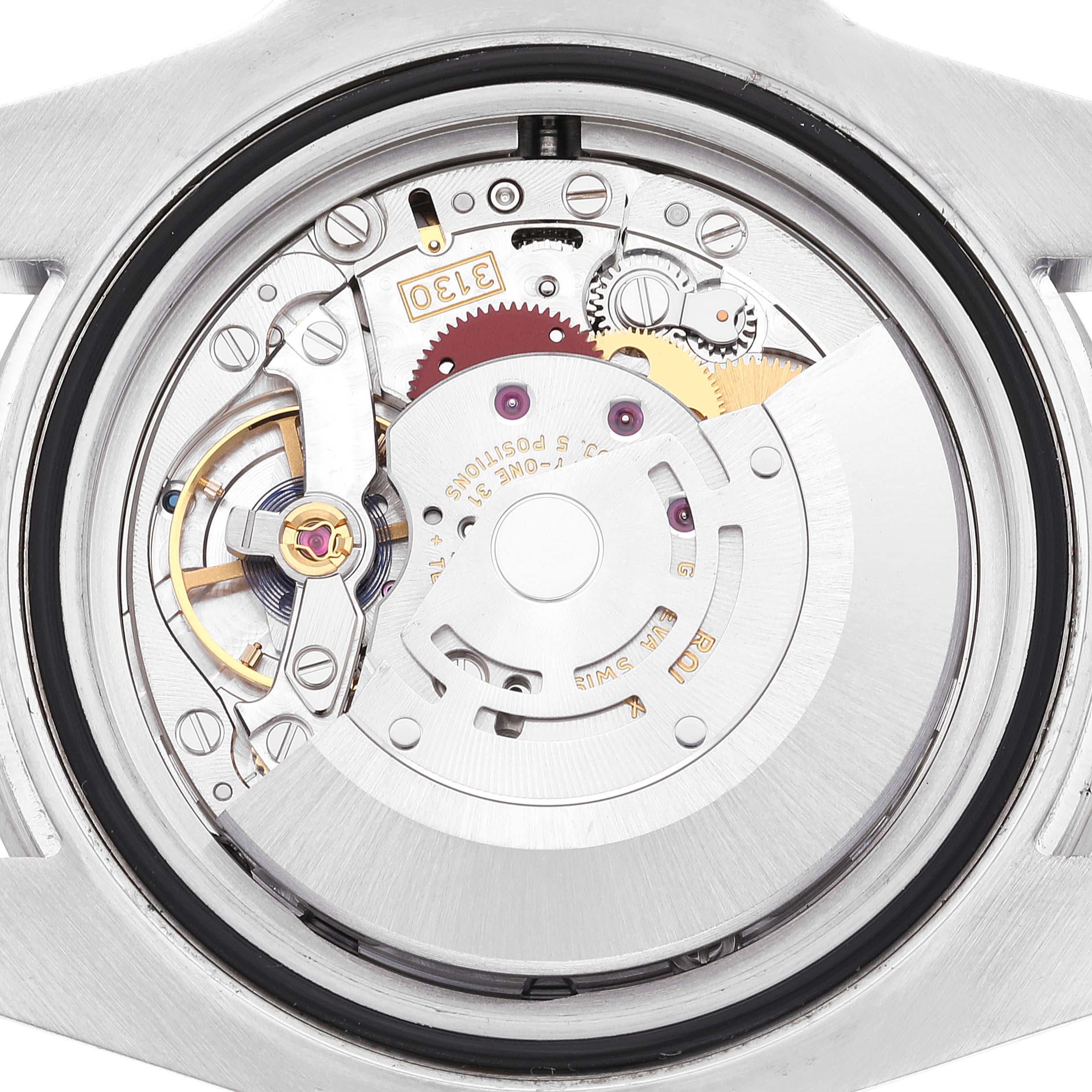 This image shows the inner mechanical movement of the Rolex Submariner 114060 Men
s Stainless Steel Black Dial 114060 Men
s Stainless Steel Black Dial watch from a back angle.