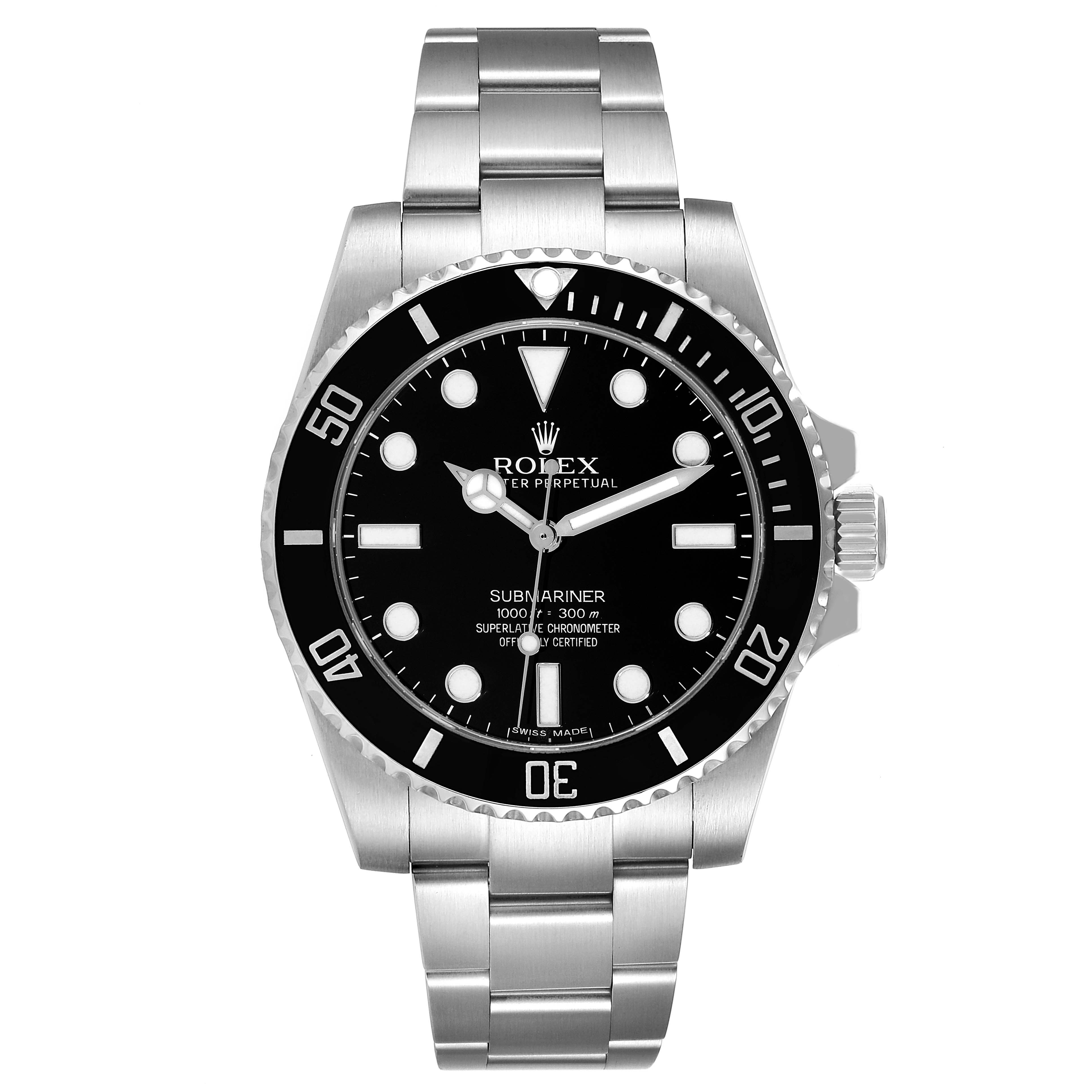This image shows a Rolex Submariner 114060 Men
s Stainless Steel Black Dial 114060 Men
s Stainless Steel Black Dial watch from a front angle, displaying the dial, bezel, case, and bracelet.