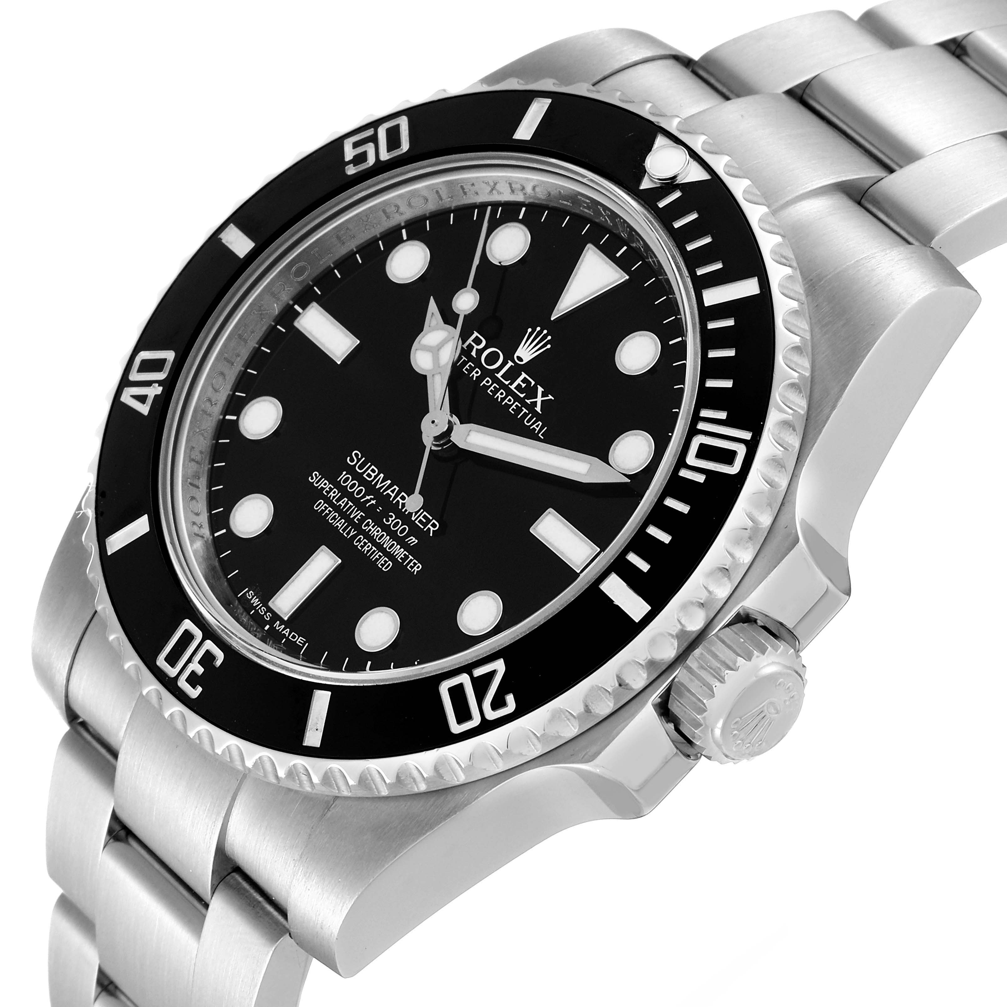 The Rolex Submariner 114060 Men
s Stainless Steel Black Dial 114060 Men
s Stainless Steel Black Dial watch is shown at a slight side angle, displaying the face, bezel, crown, and part of the bracelet.