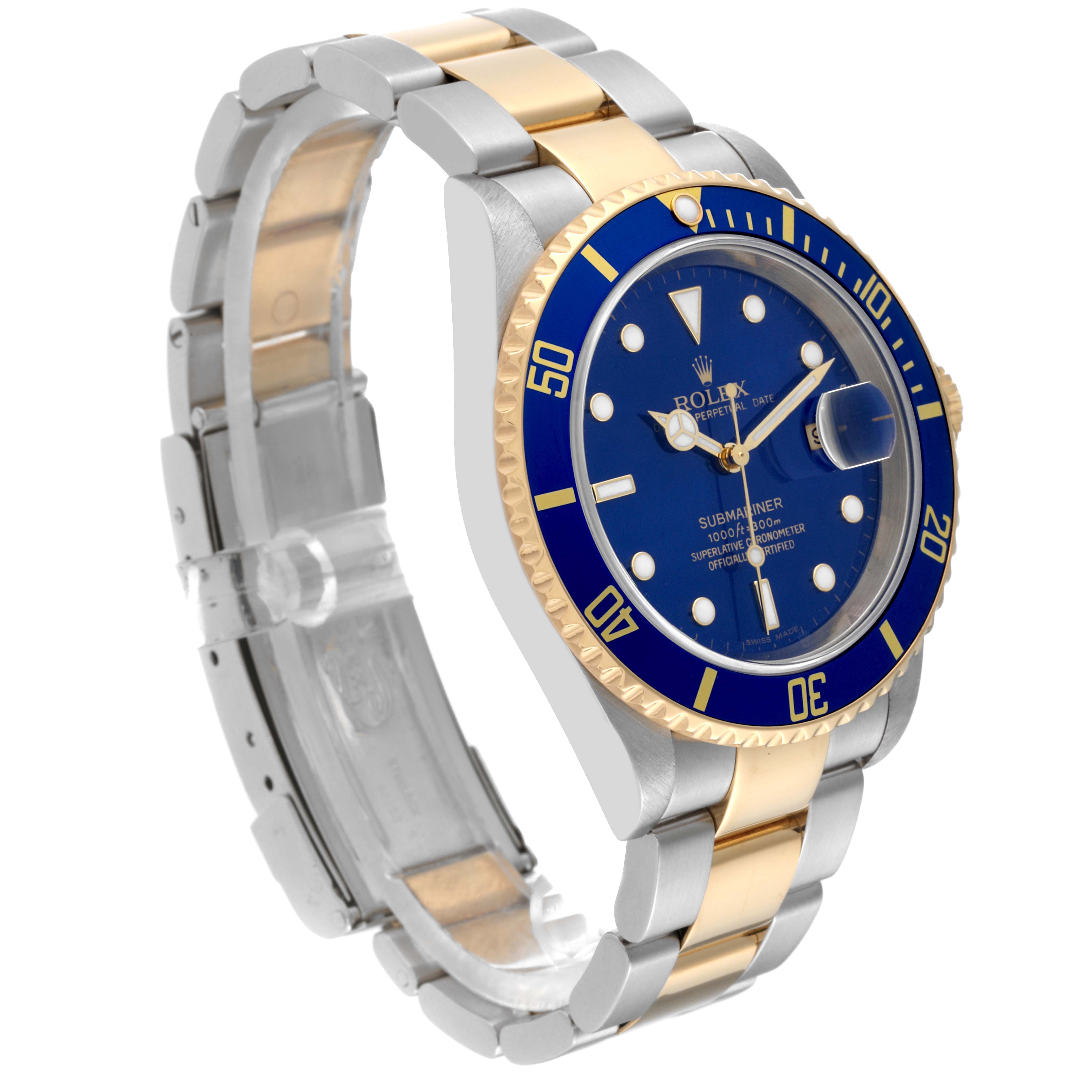This image shows a side angle of the Rolex Submariner 16613 Men's Steel and Gold (two tone) Blue Dial 16613 Men's Steel and Gold (two tone) Blue Dial watch, highlighting the stainless steel and gold strap, blue dial, and bezel.