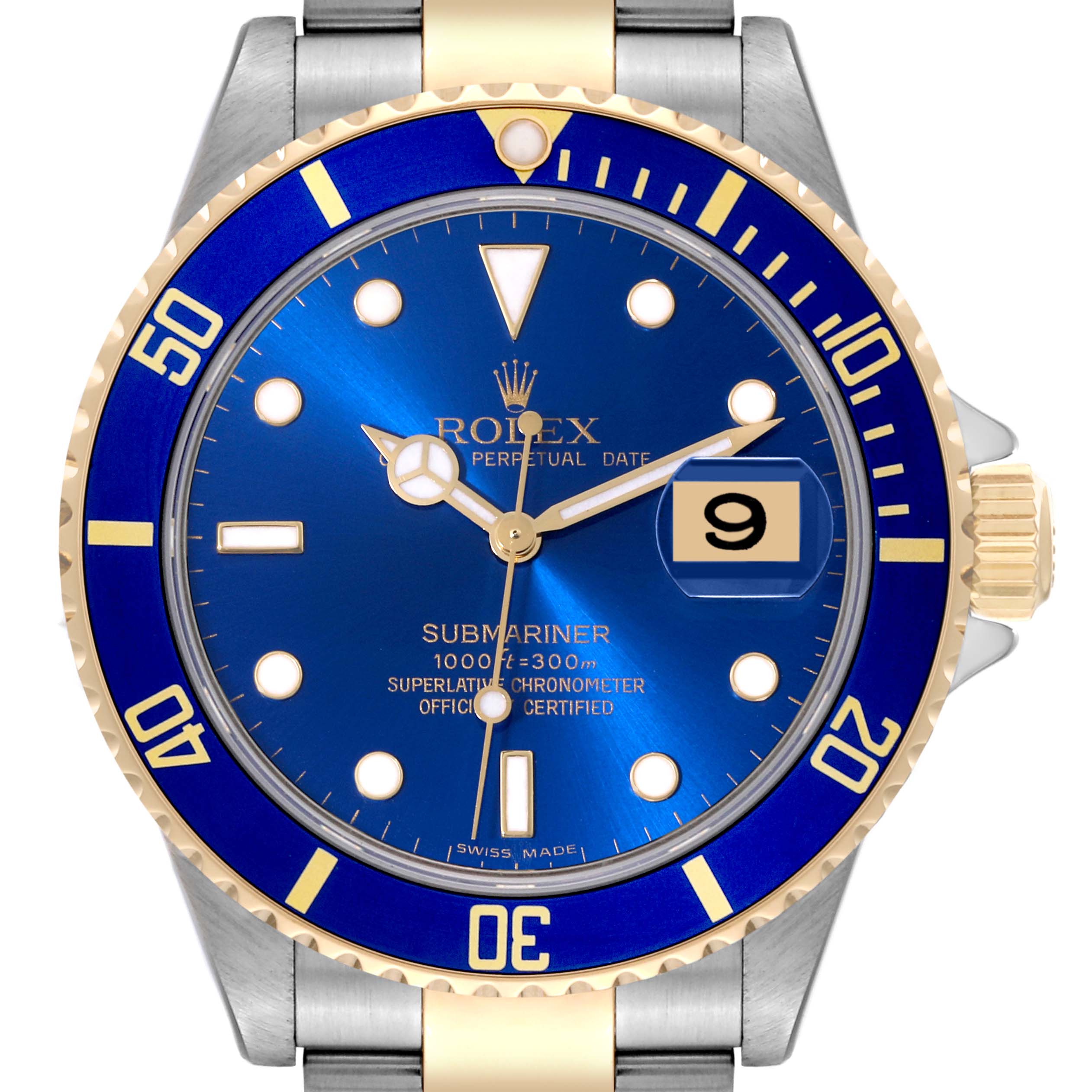 This front-facing image of the Rolex Submariner 16613 Men's Steel and Gold (two tone) Blue Dial 16613 Men's Steel and Gold (two tone) Blue Dial model highlights its blue dial, date display, and two-tone bezel and strap.