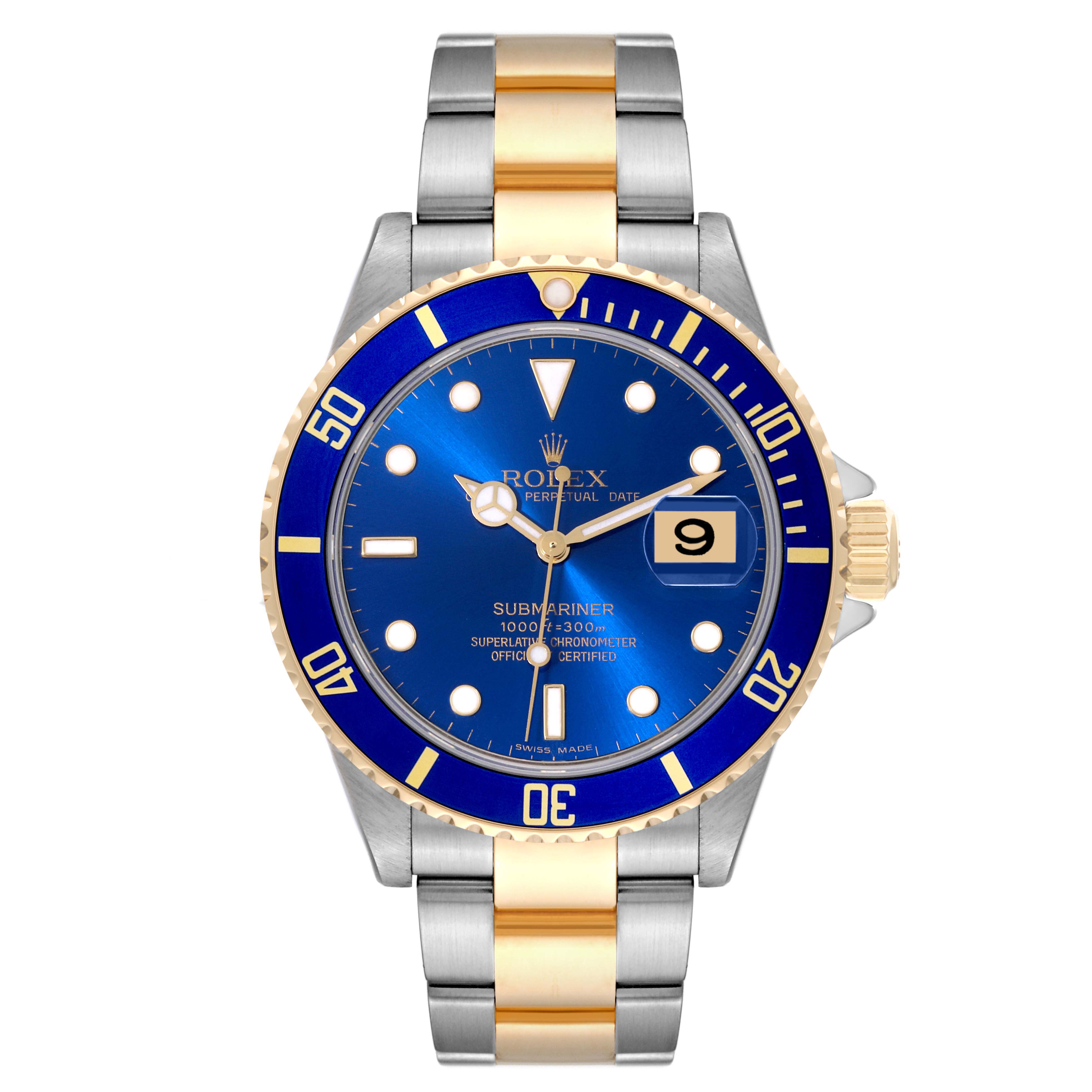 The Rolex Submariner 16613 Men's Steel and Gold (two tone) Blue Dial 16613 Men's Steel and Gold (two tone) Blue Dial watch is shown from the front, displaying the blue dial, bezel, and two-tone bracelet.