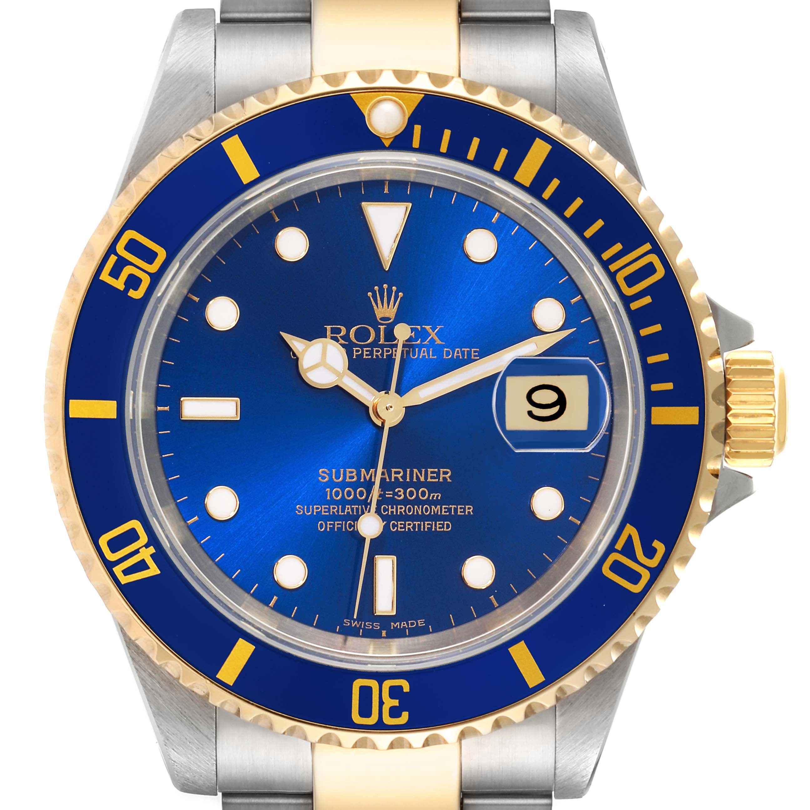 The Rolex Submariner 16613 Men's Steel and Gold (two tone) Blue Dial 16613 Men's Steel and Gold (two tone) Blue Dial watch shown is front-facing, highlighting the blue dial, date window, and gold bezel with blue markings.